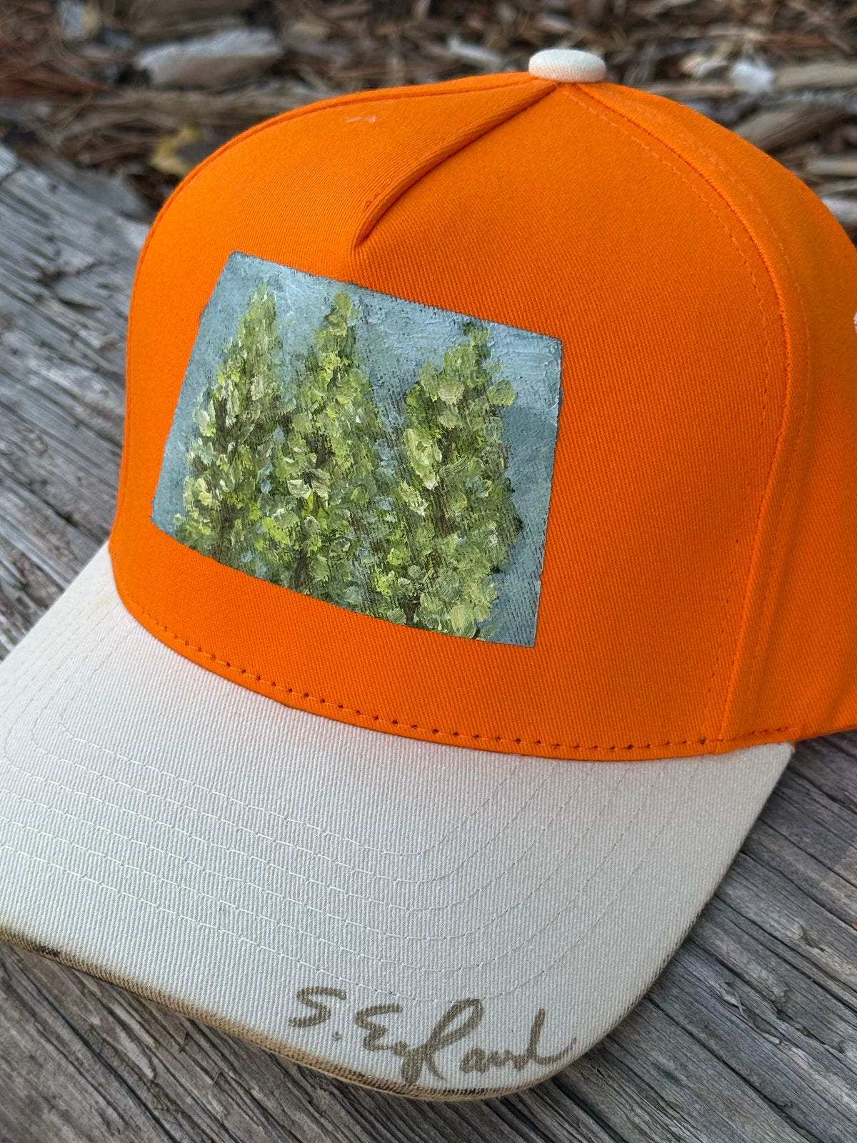 Hand painted tree scene on cream and orange canvas hat