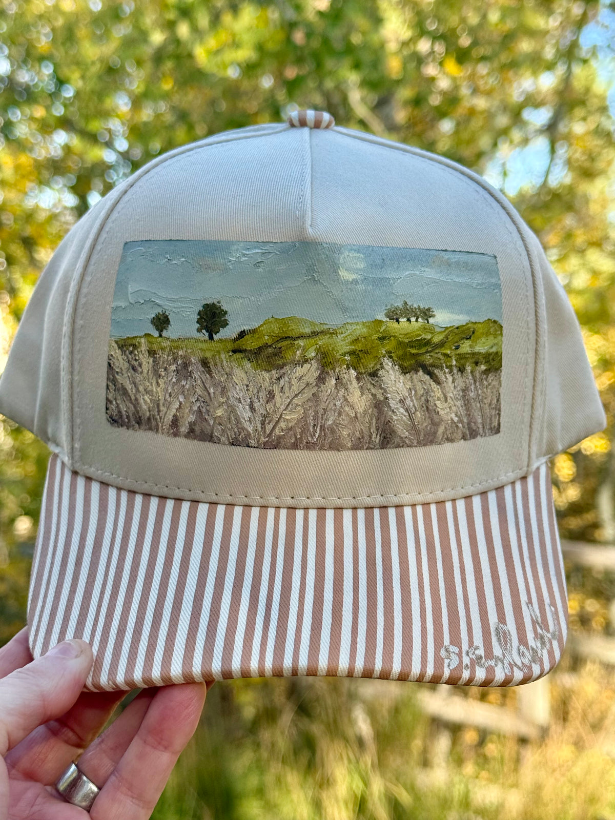Hand painted wheat field painted on cream and brown canvas hat