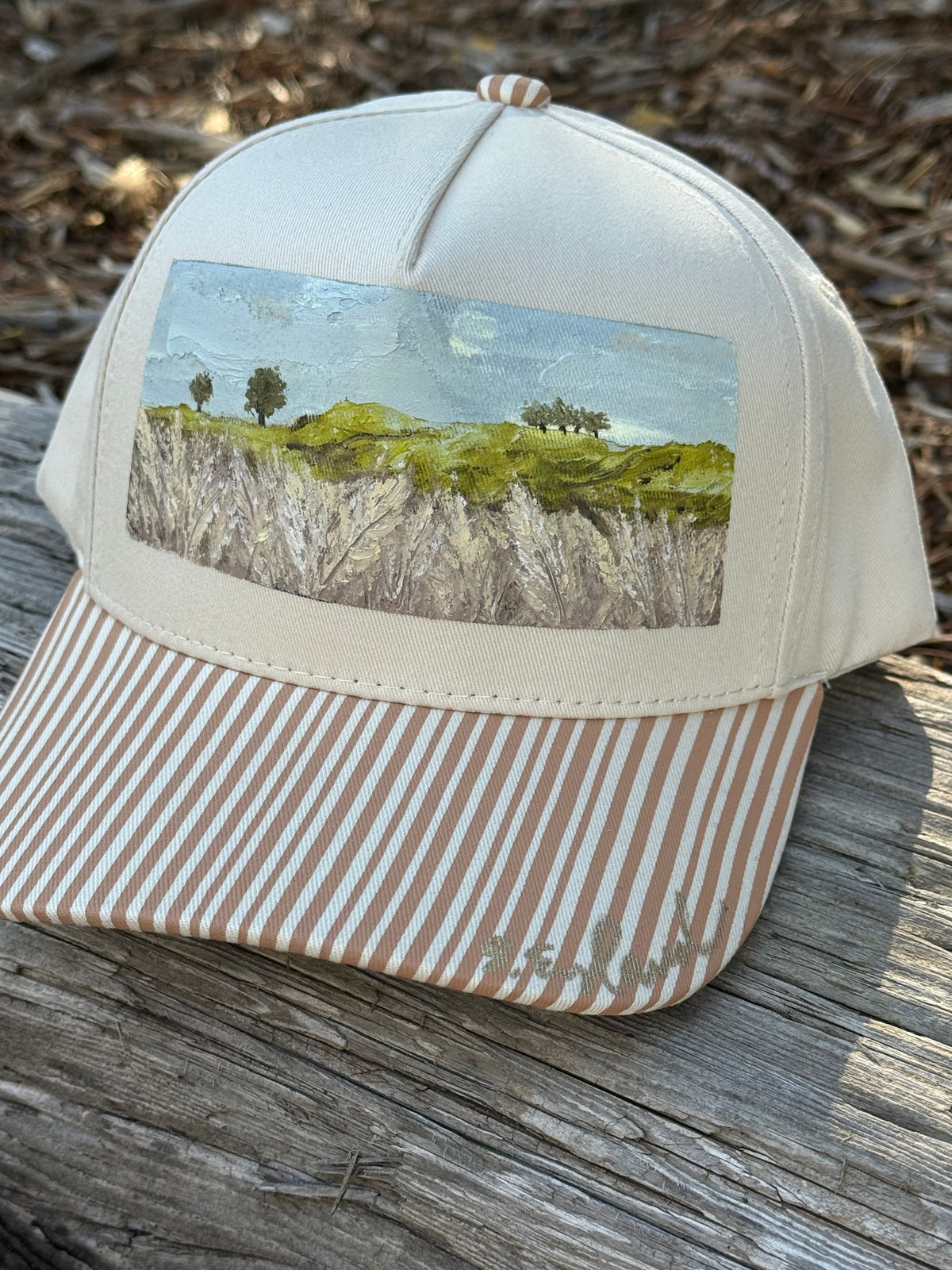 Hand painted wheat field painted on cream and brown canvas hat