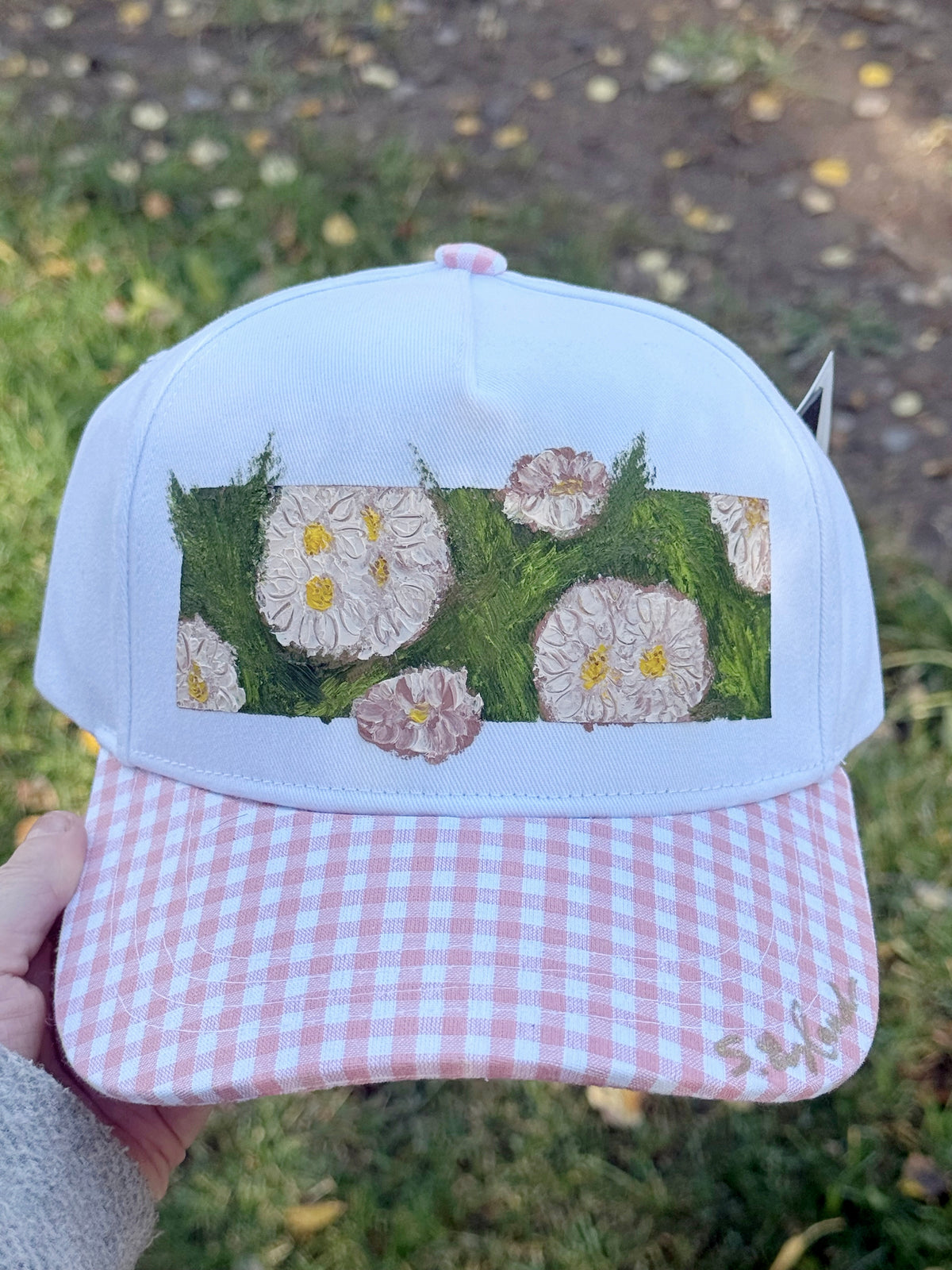 Hand painted pink and white gingham canvas hat - flowers