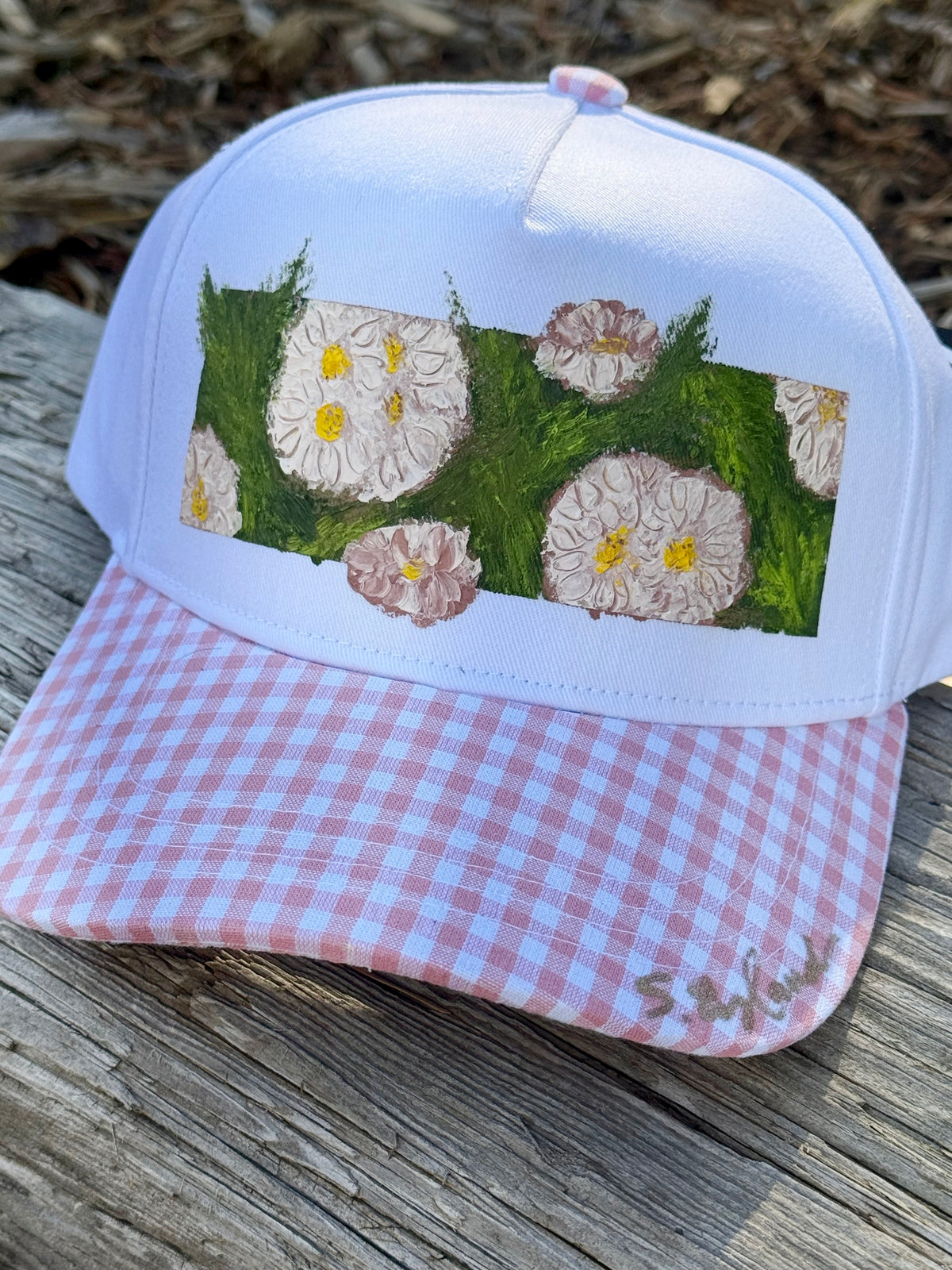 Hand painted pink and white gingham canvas hat - flowers