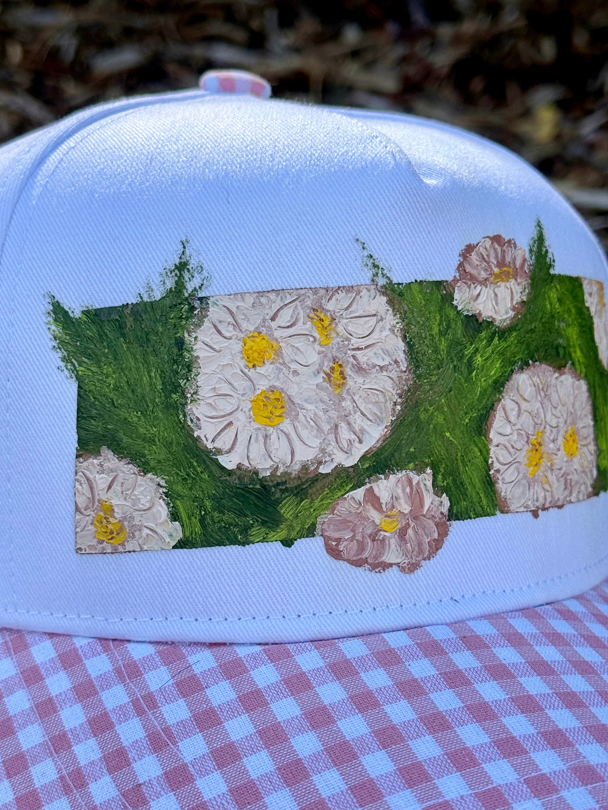 Hand painted pink and white gingham canvas hat - flowers