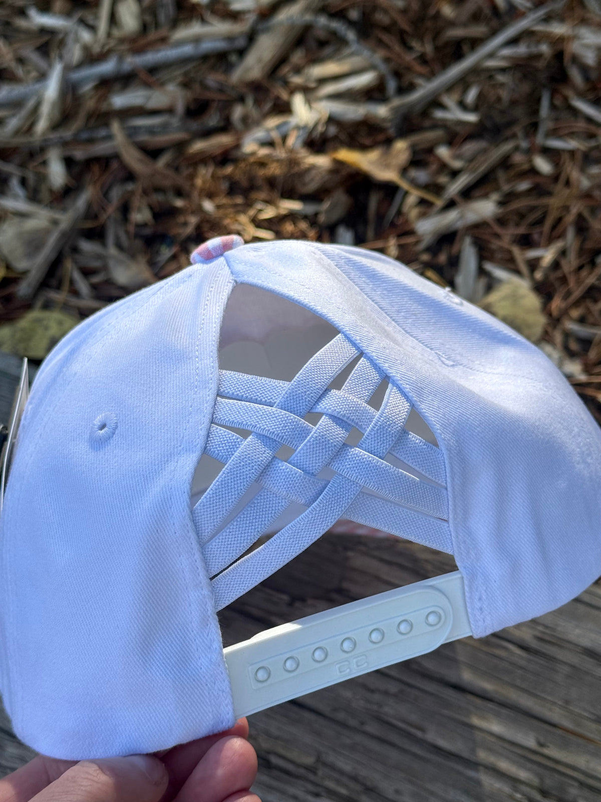 Hand painted pink and white gingham canvas hat - flowers
