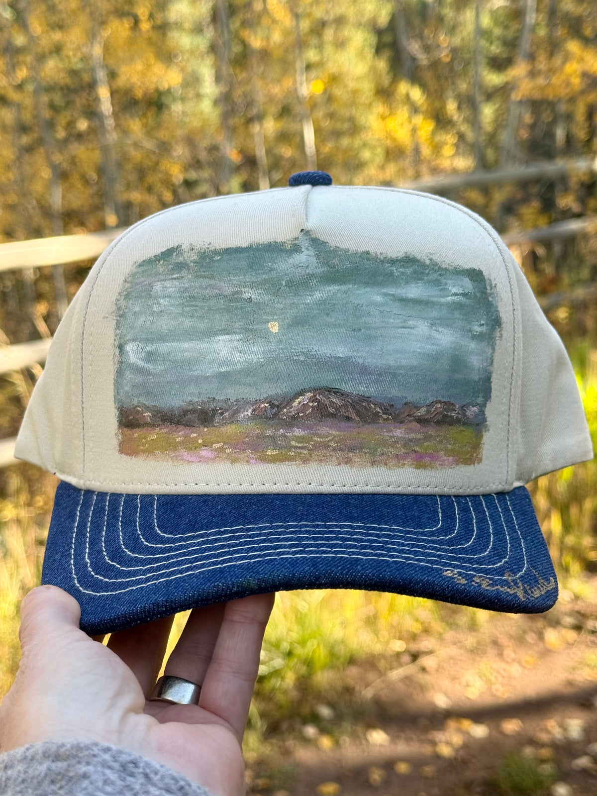 Hand painted wearable art painted on blue and cream base ball cap