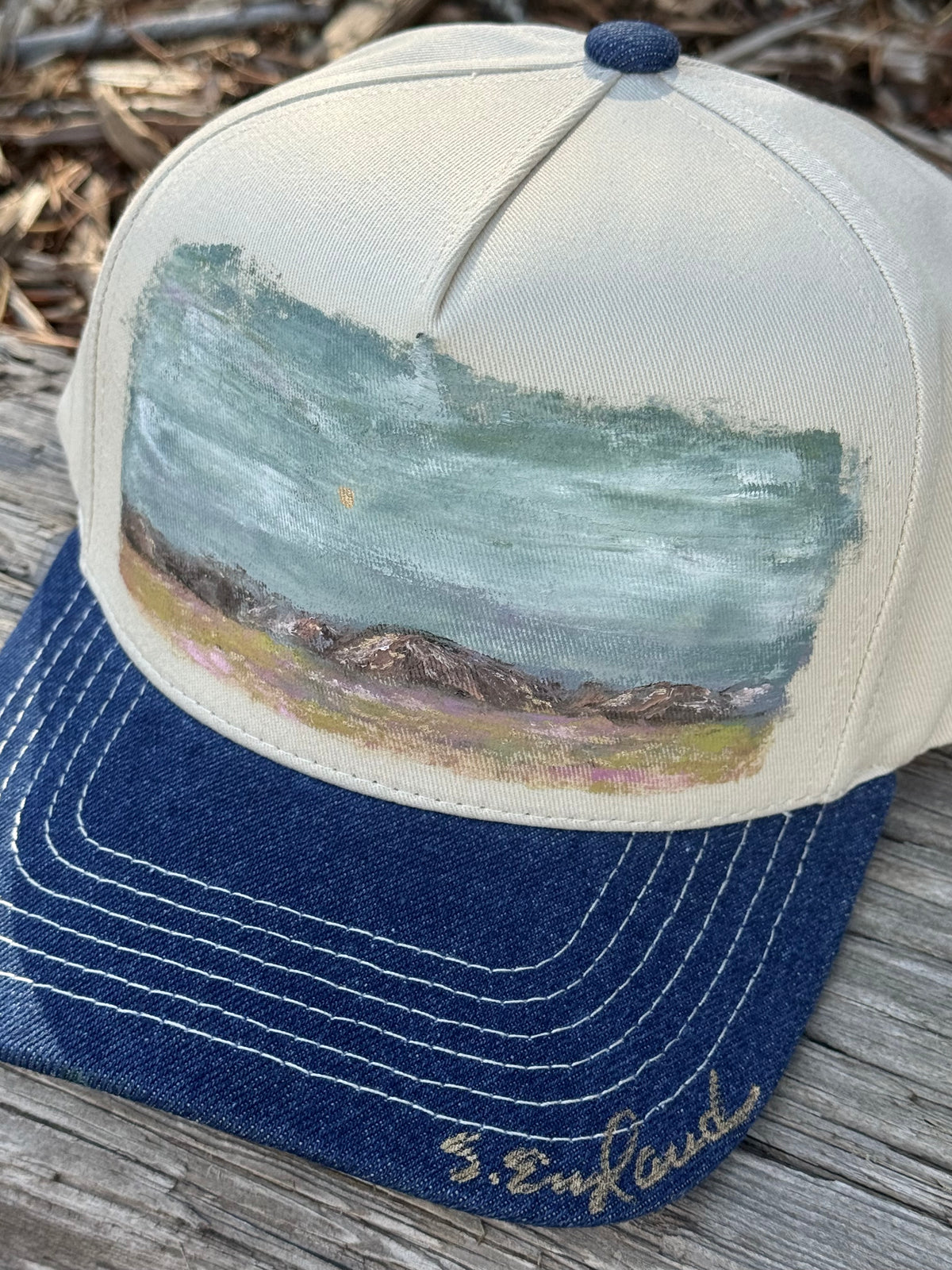 Hand painted wearable art painted on blue and cream base ball cap