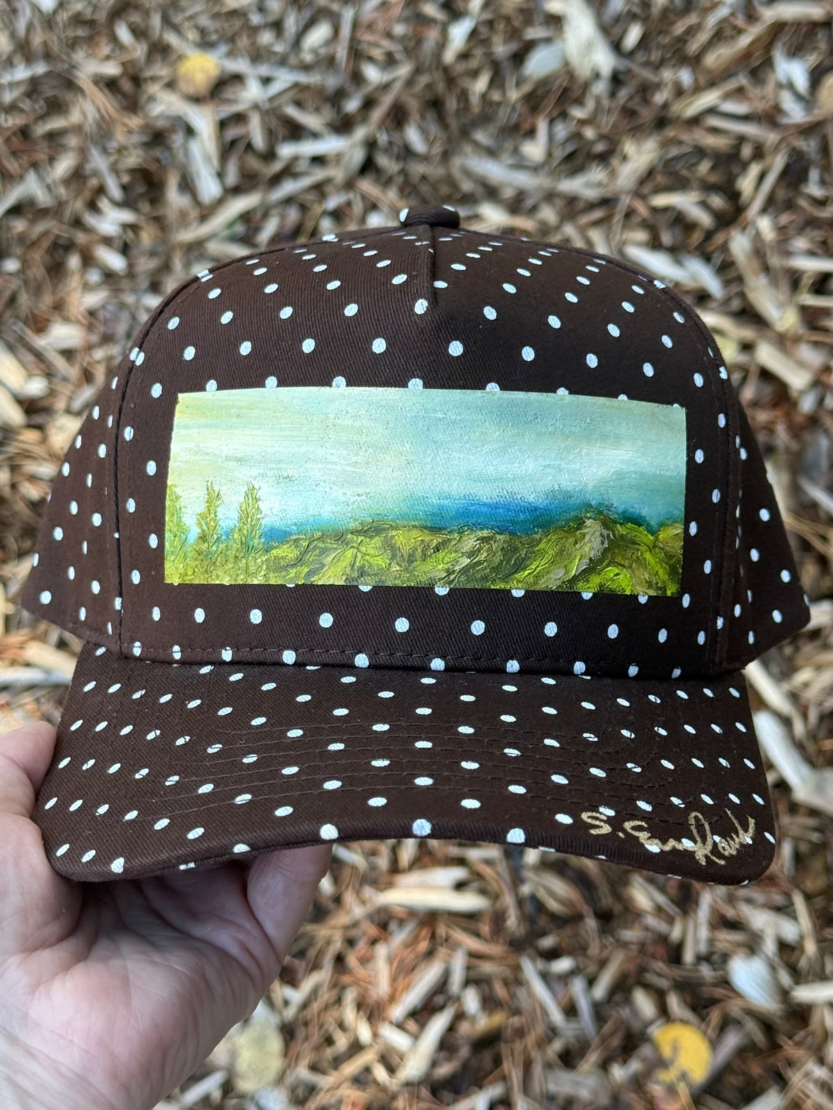 Hand painted mountain scene on brown and white polka dot canvas hat