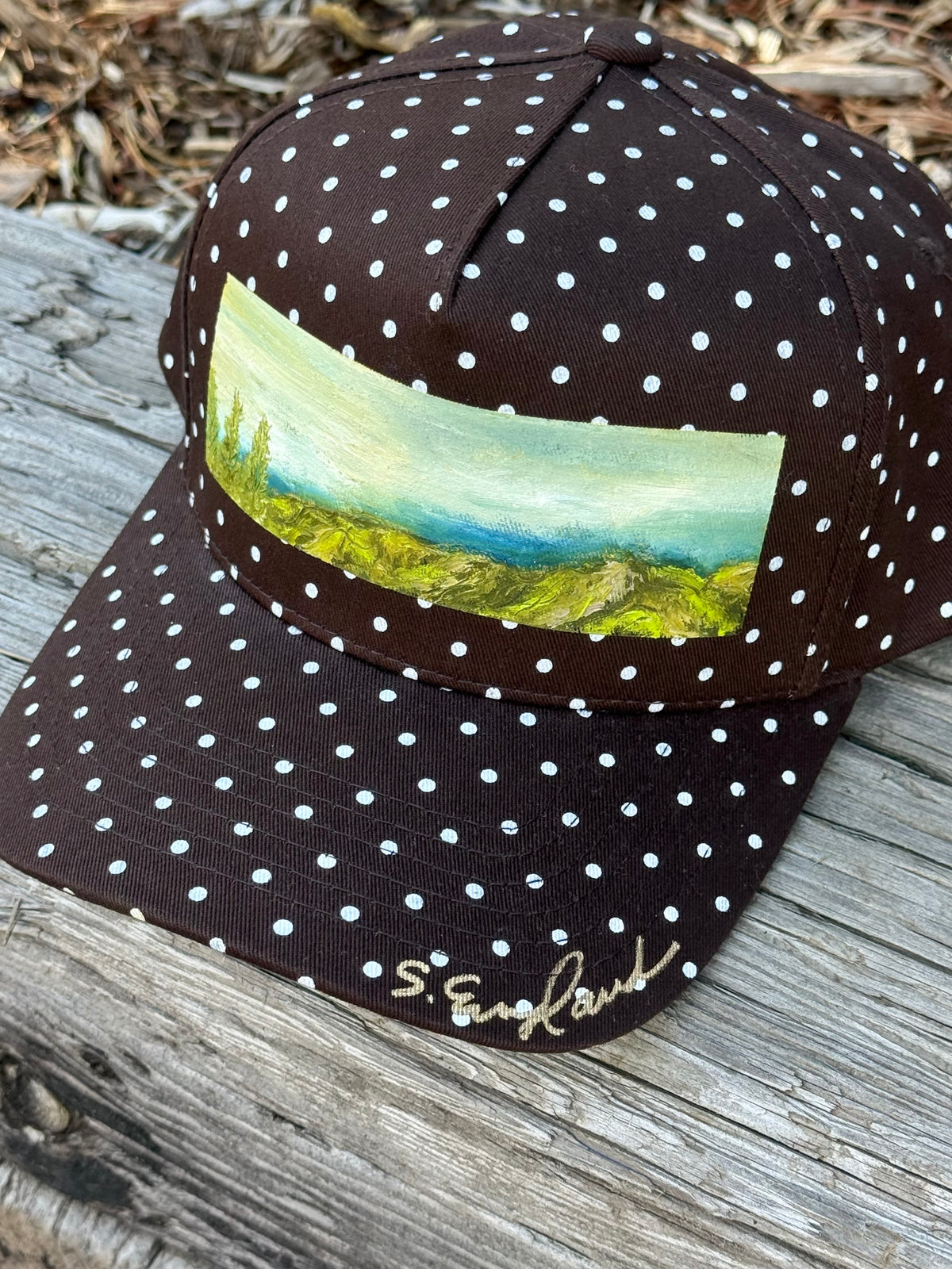 Hand painted mountain scene on brown and white polka dot canvas hat