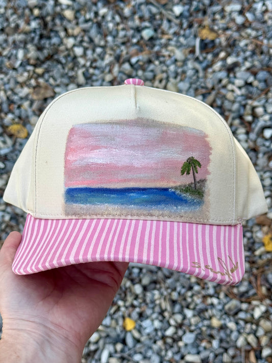 Hand painted tropical scene on pink and cream canvas hat