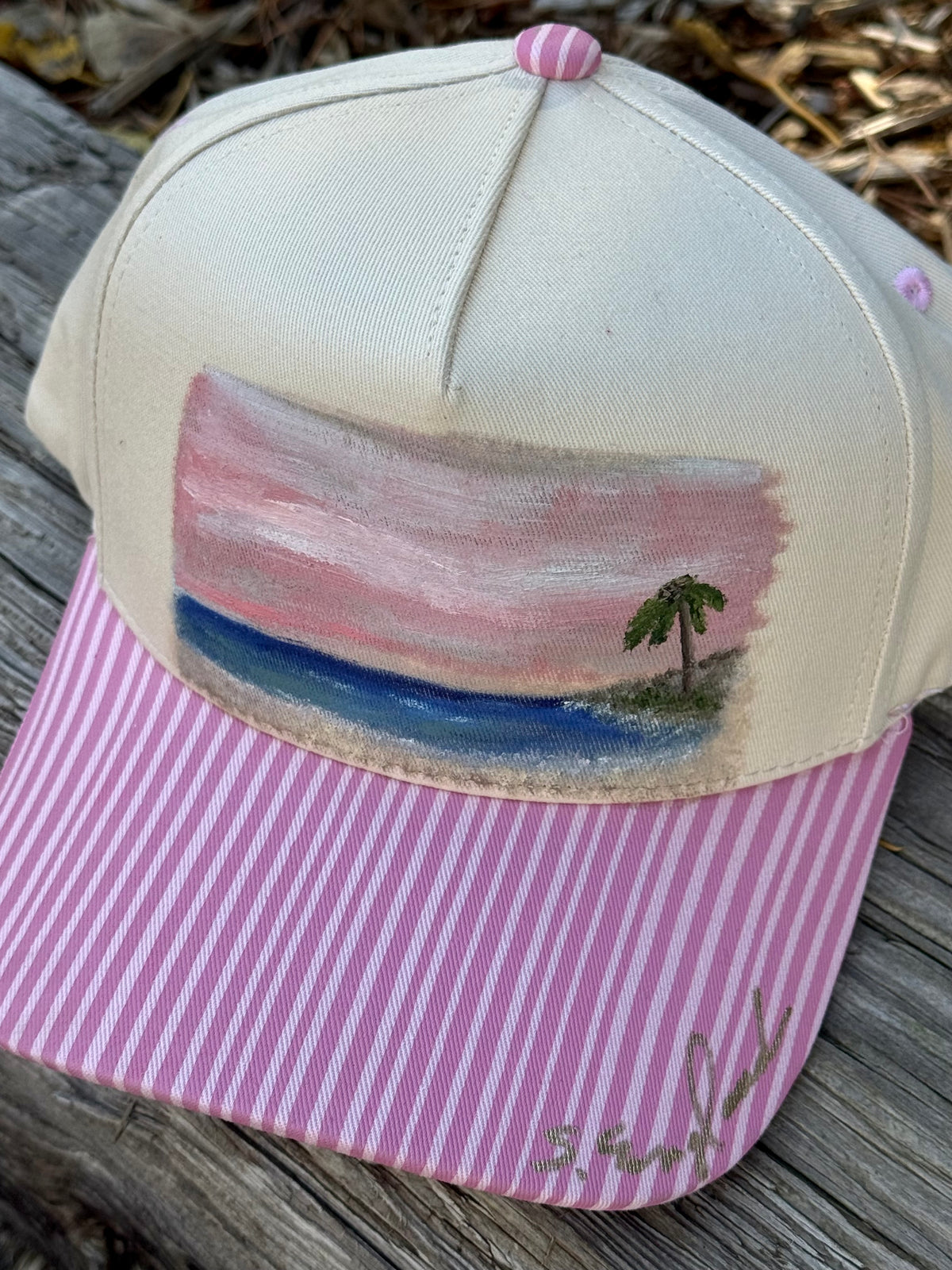 Hand painted tropical scene on pink and cream canvas hat