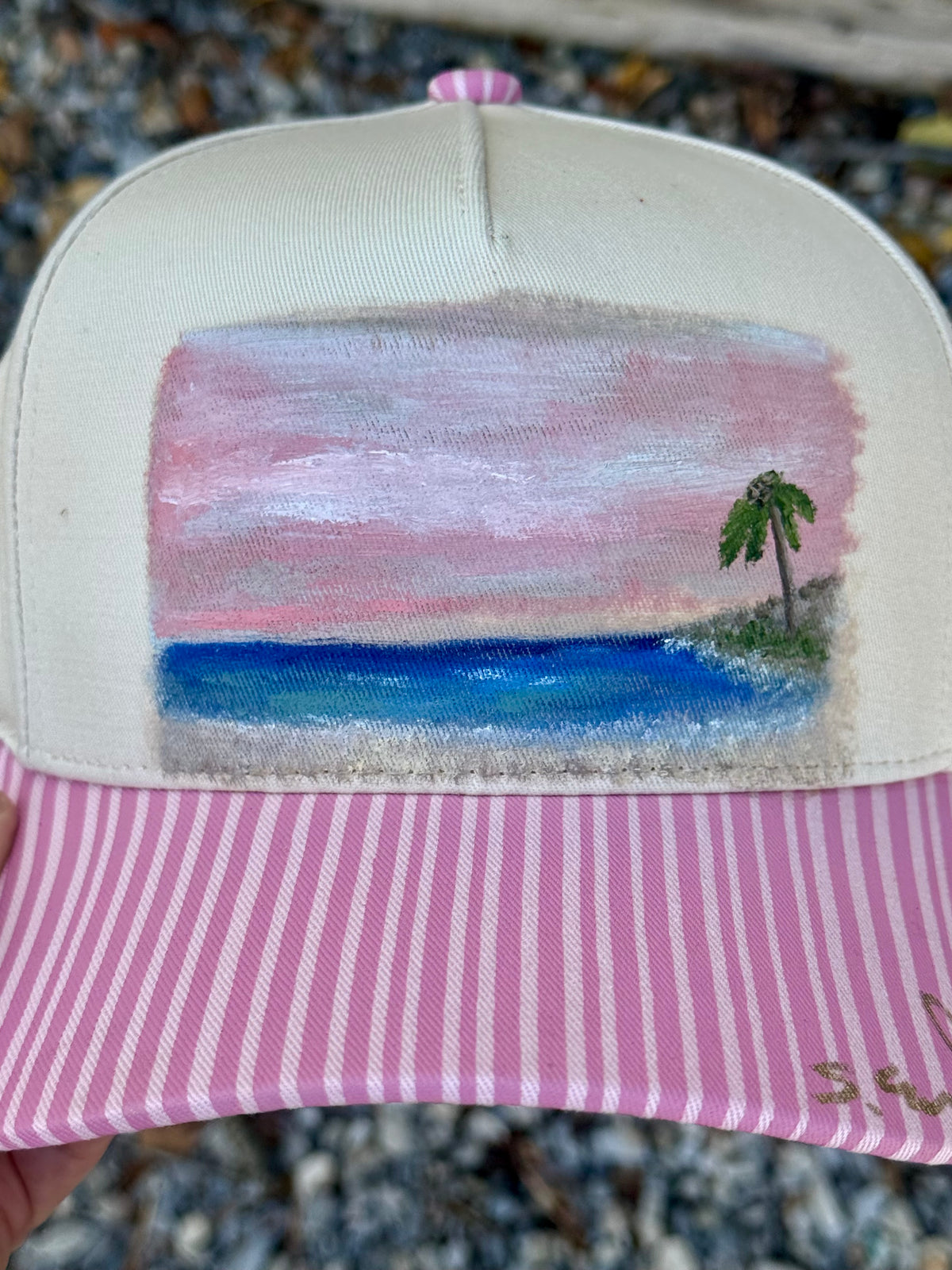 Hand painted tropical scene on pink and cream canvas hat