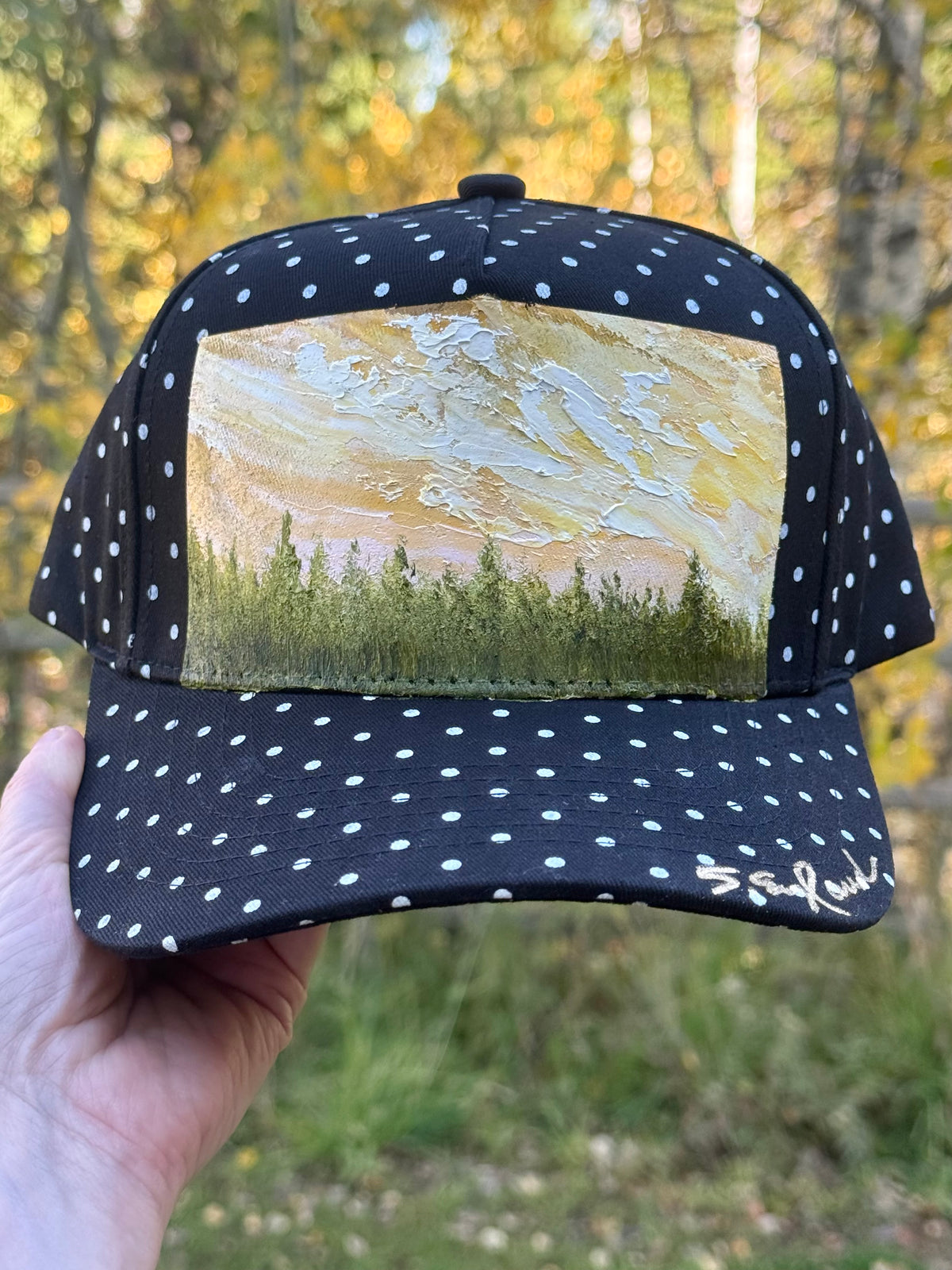 Hand painted tree scene on black and white polka dot canvas hat