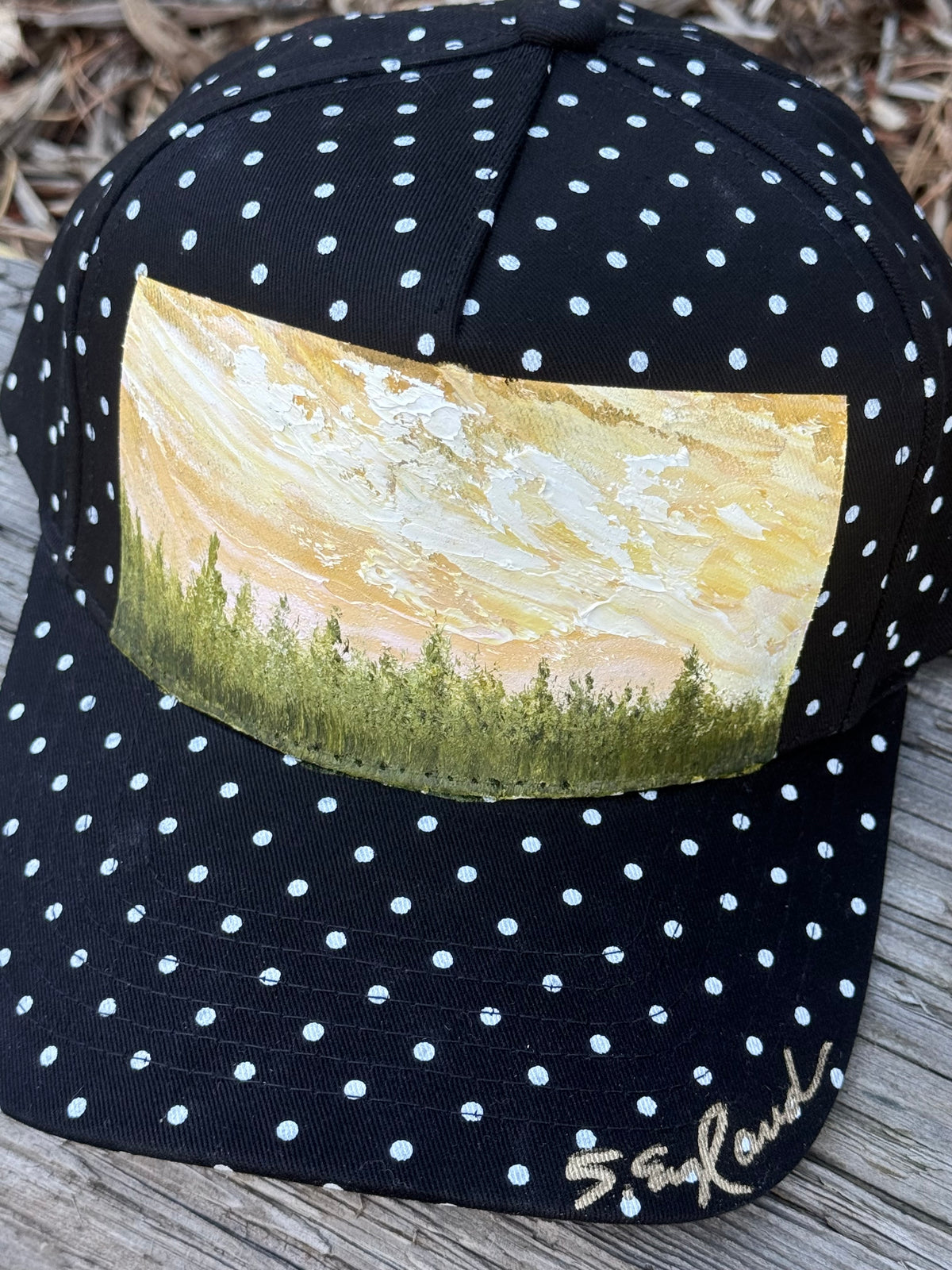 Hand painted tree scene on black and white polka dot canvas hat