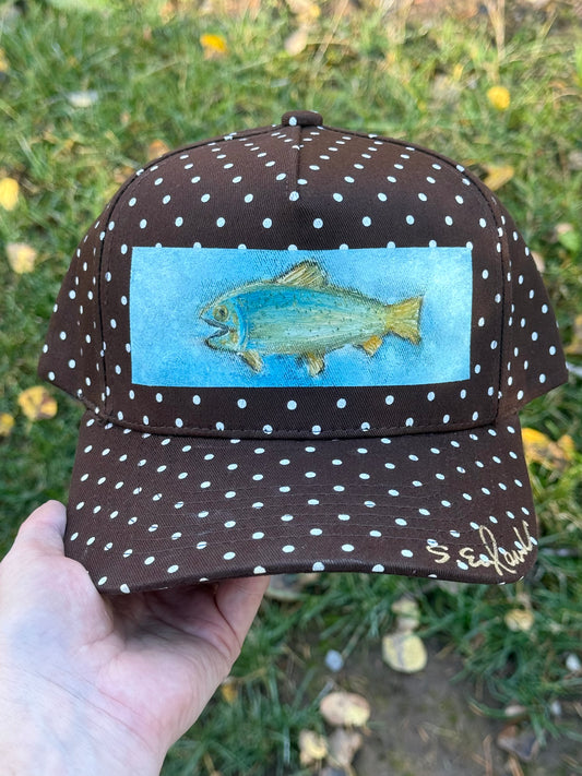 Hand painted fish on brown and white polka dot canvas hat