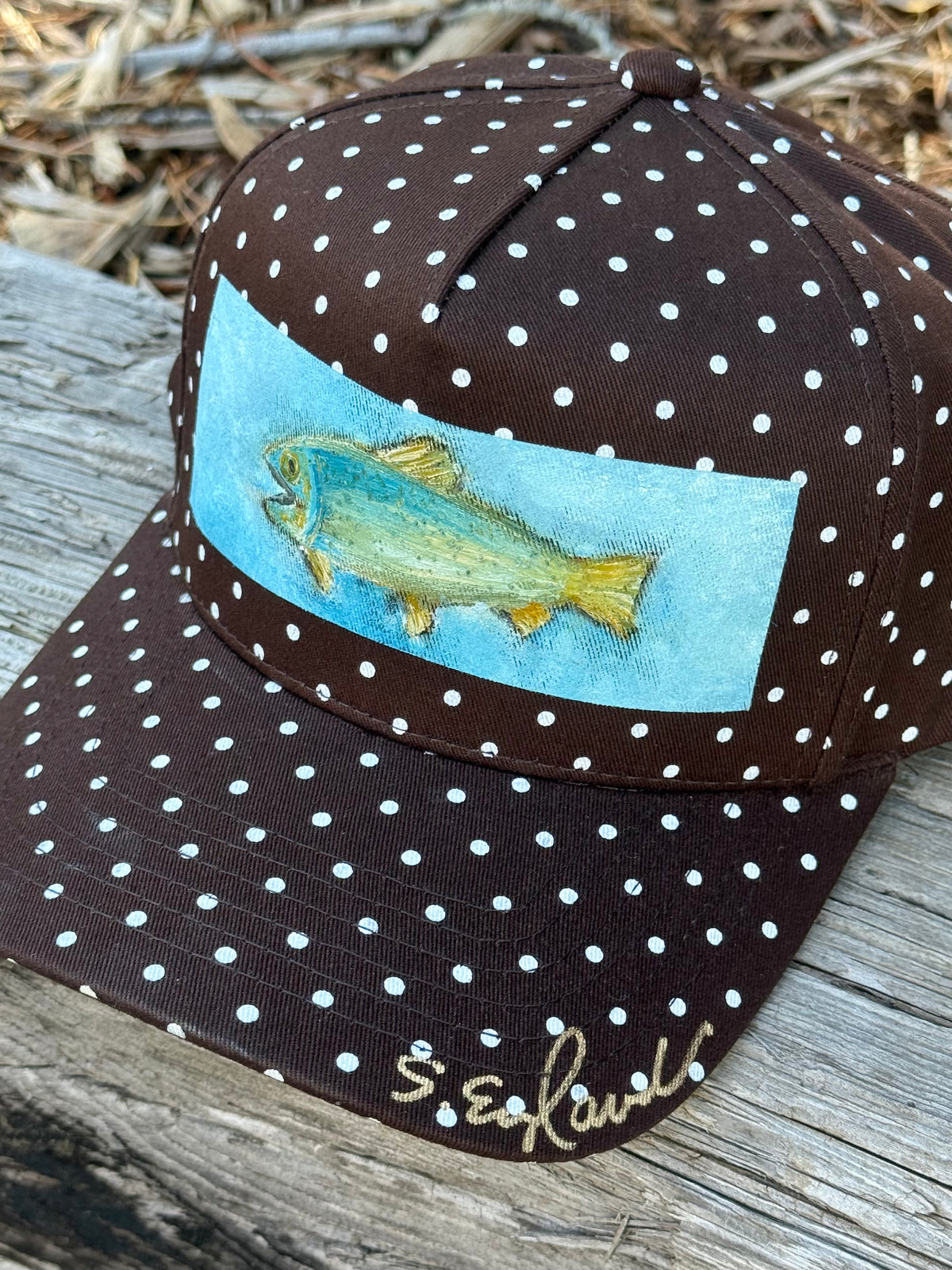 Hand painted fish on brown and white polka dot canvas hat