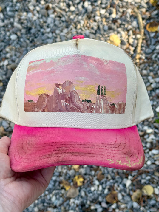 Hand painted pink and cream canvas hat - southern utah vibes