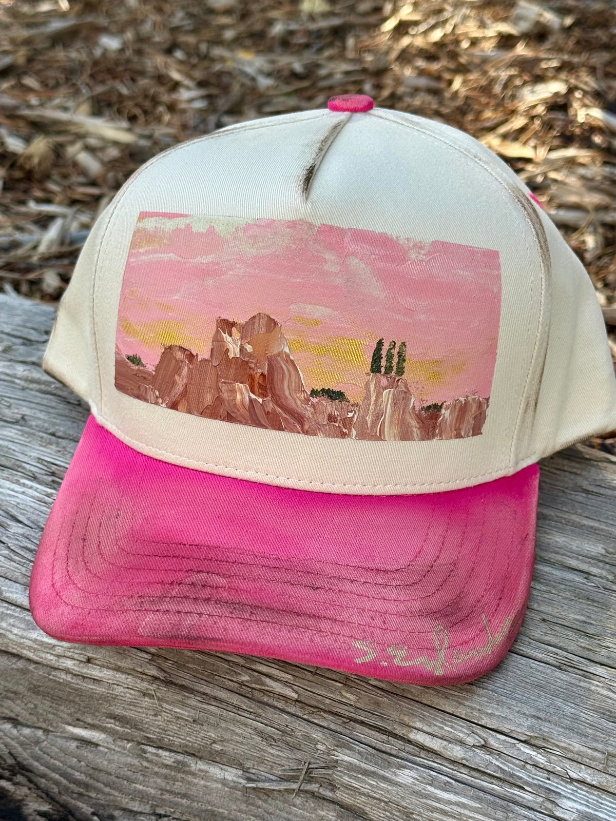 Hand painted pink and cream canvas hat - southern utah vibes