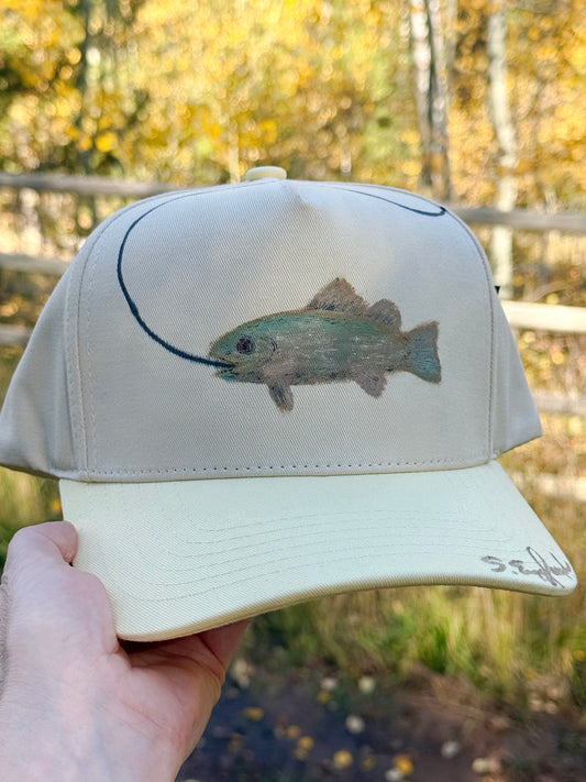 Hand painted bass fish on cream and yellow canvas hat