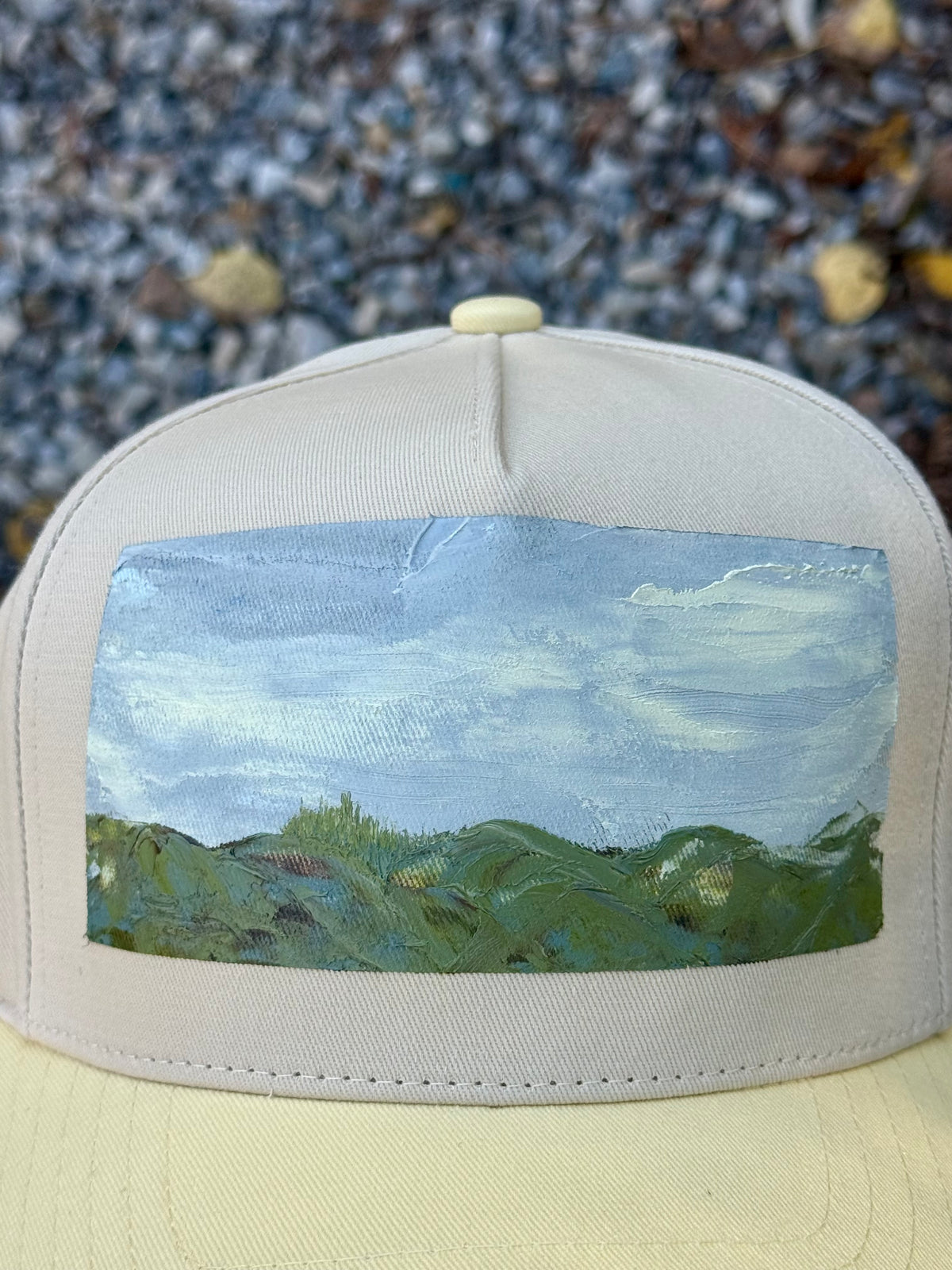 hand painted cream and yellow canvas hat - mountain scene