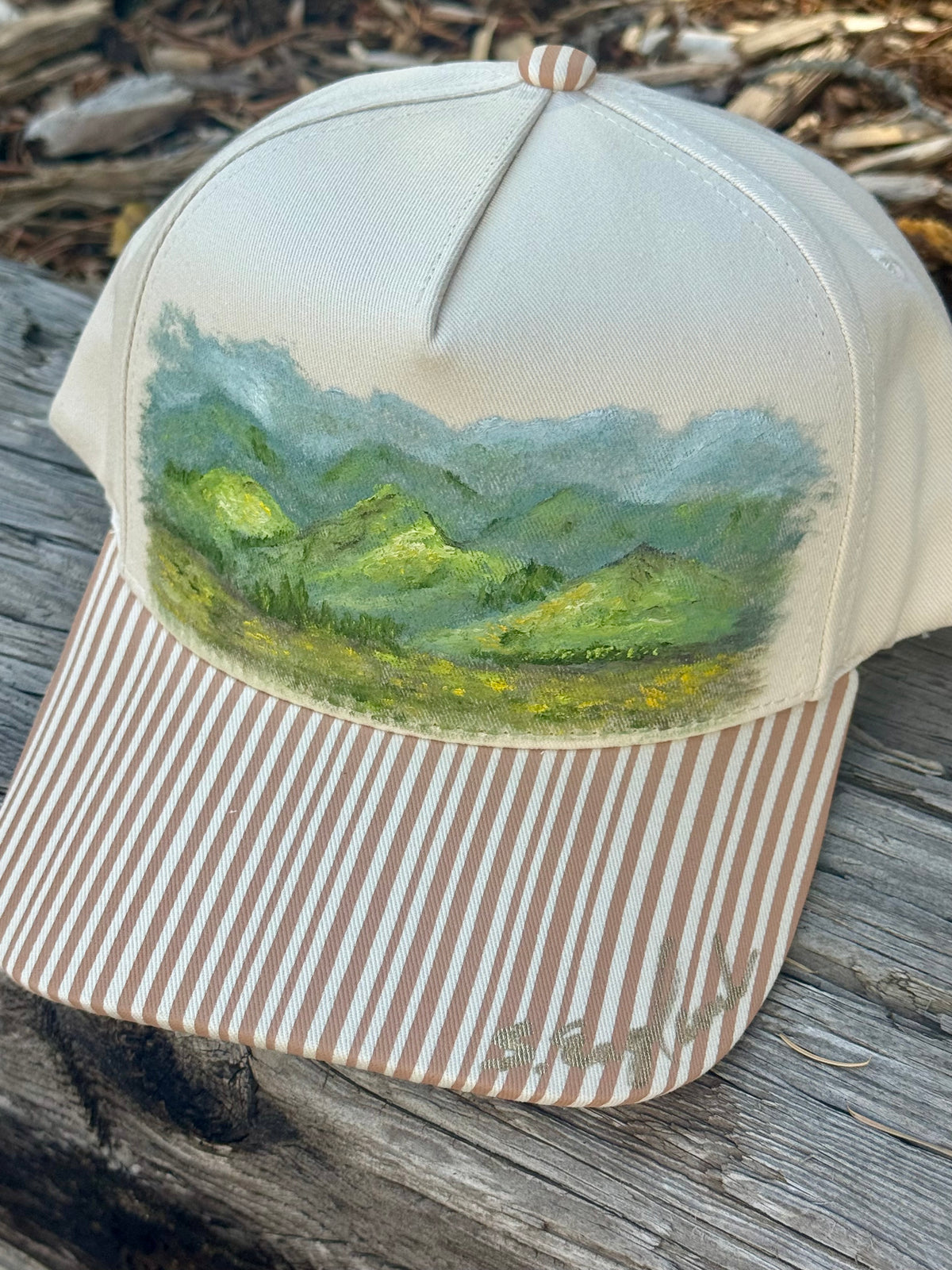Hand painted mountain scene on cream and brown canvas hat