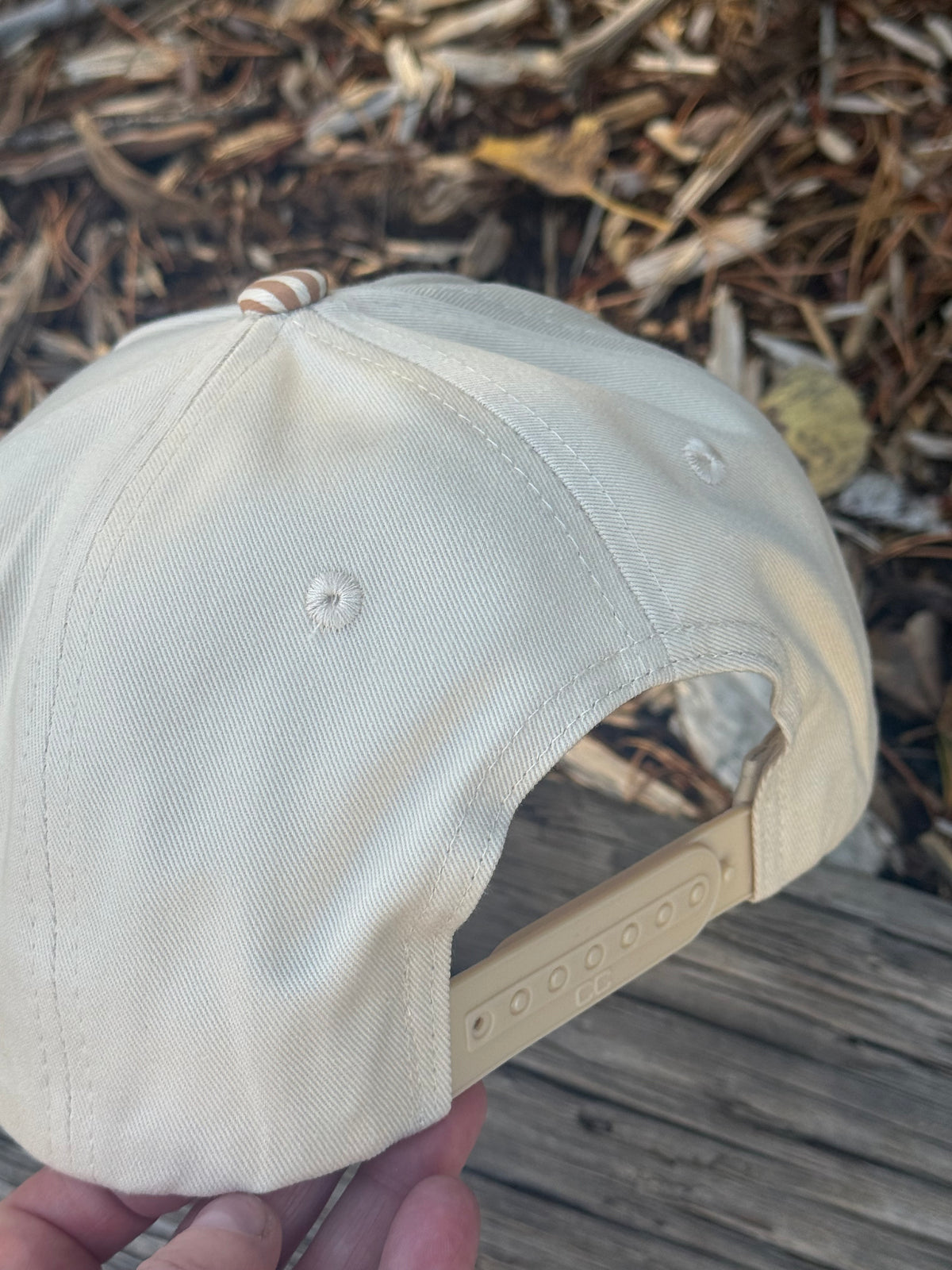 Hand painted mountain scene on cream and brown canvas hat