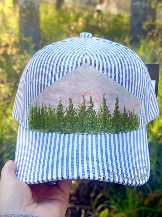 Hand painted blue and white striped canvas hat - tree scene