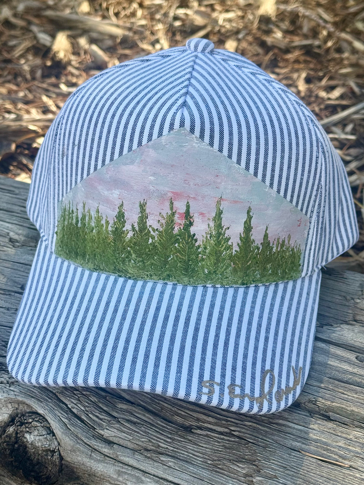 Hand painted blue and white striped canvas hat - tree scene