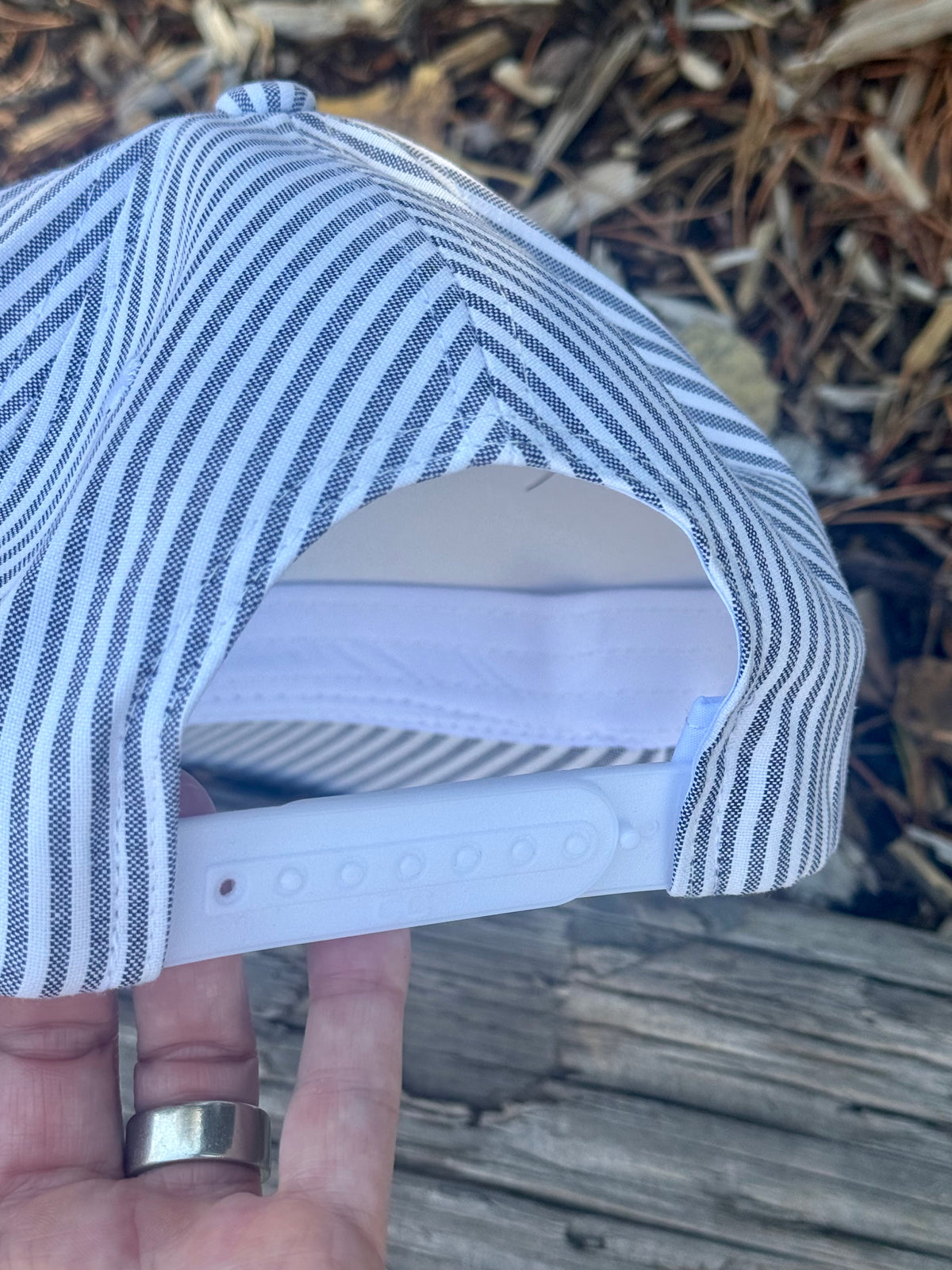 Hand painted blue and white striped canvas hat - tree scene