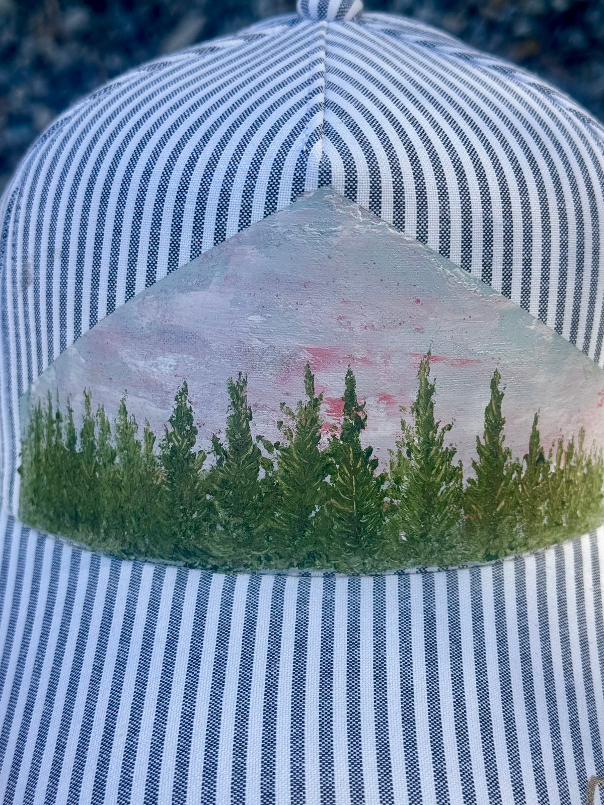 Hand painted blue and white striped canvas hat - tree scene