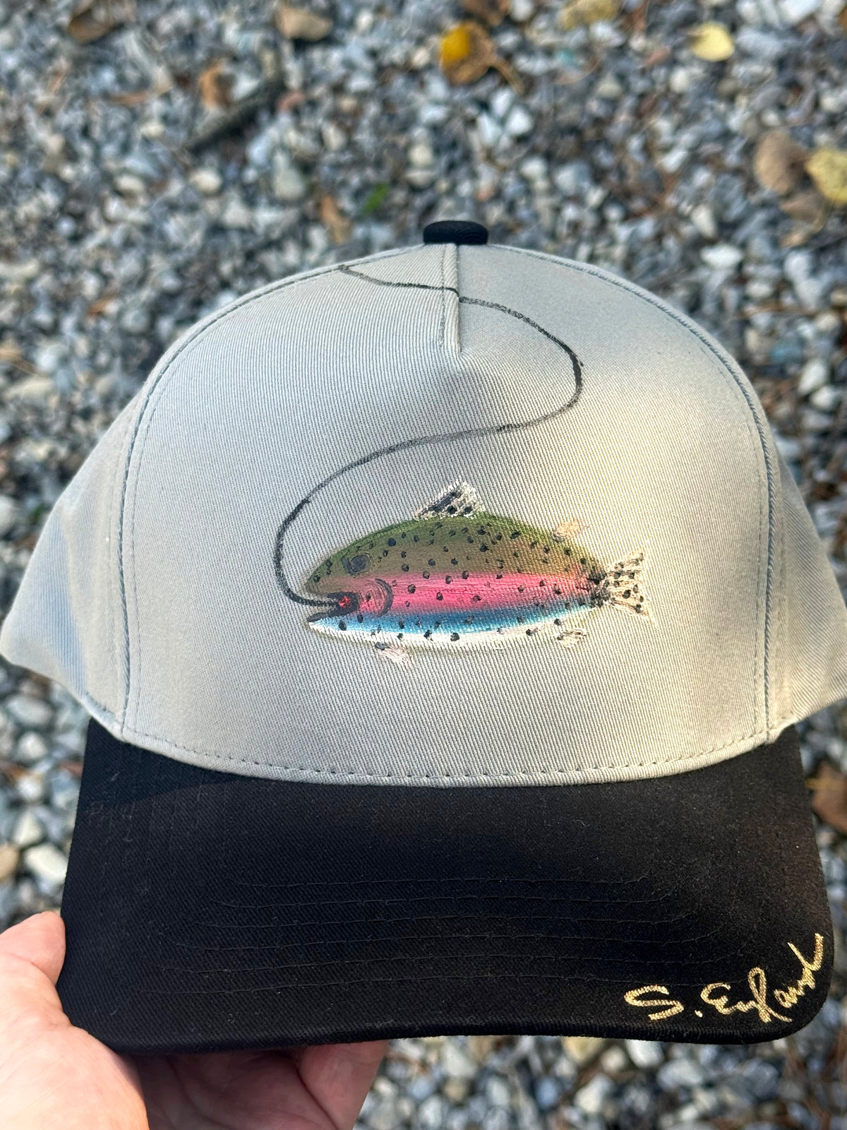 Hand painted fish - black and cream canvas hat