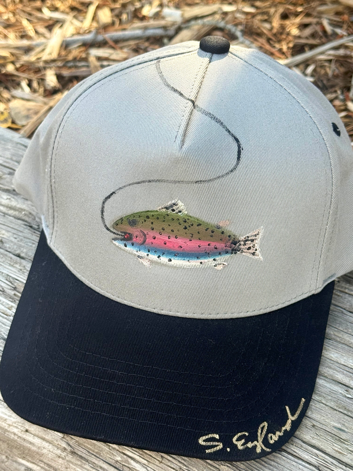 Hand painted fish - black and cream canvas hat