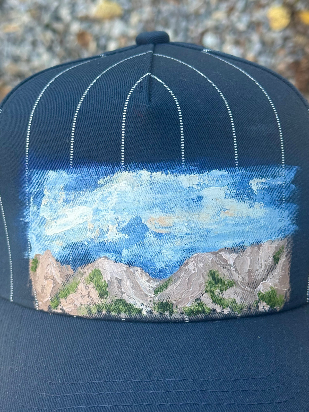 Blue and white striped canvas hat - mountain scene