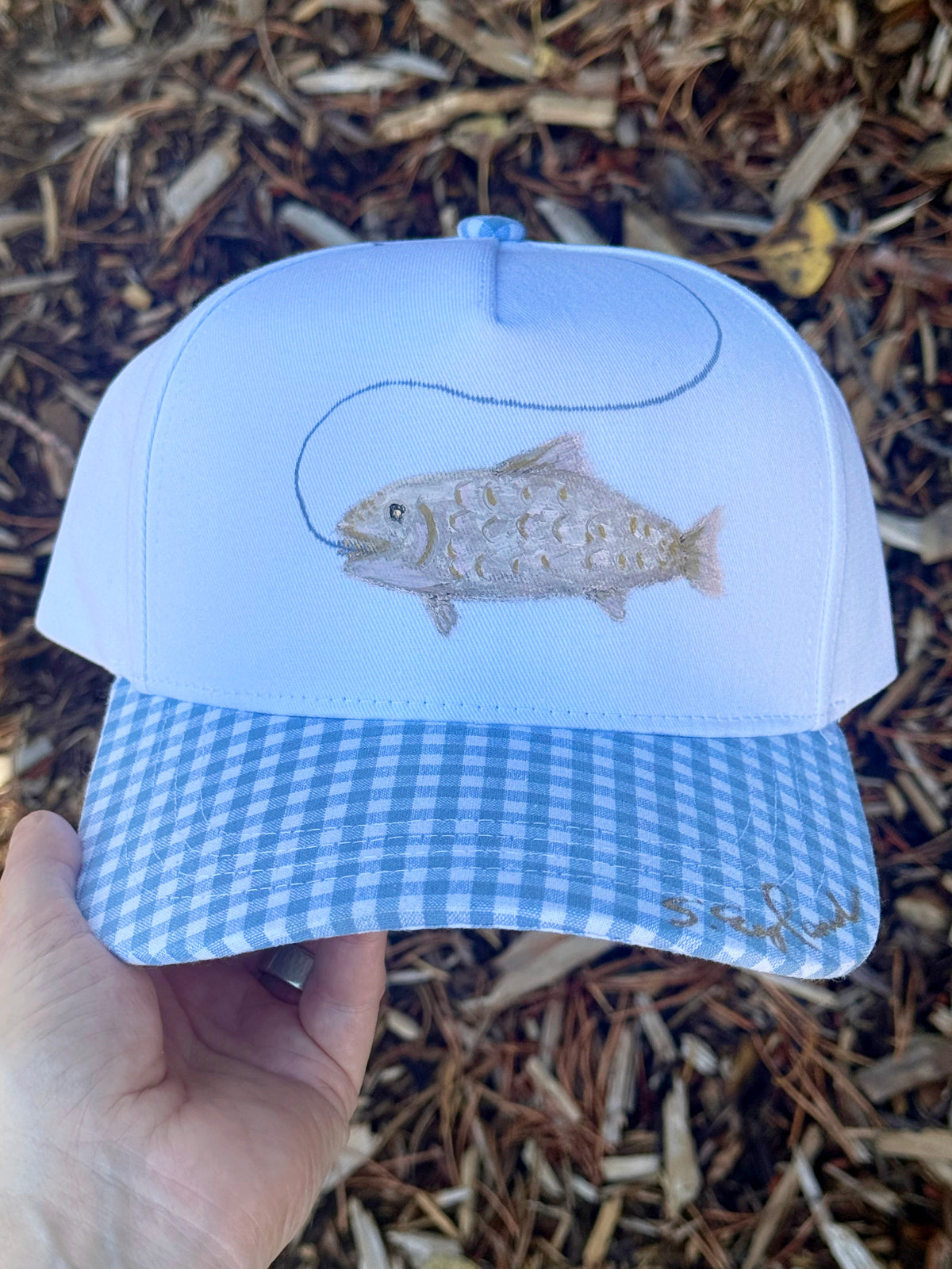 Blue and white gingham hand painted canvas hat - fish