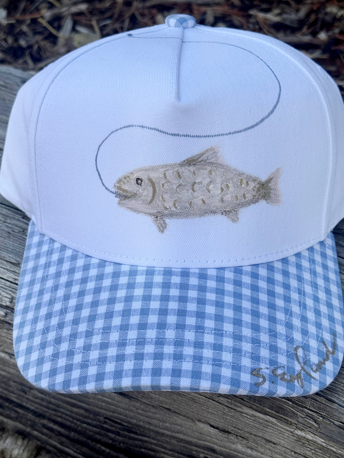 Blue and white gingham hand painted canvas hat - fish