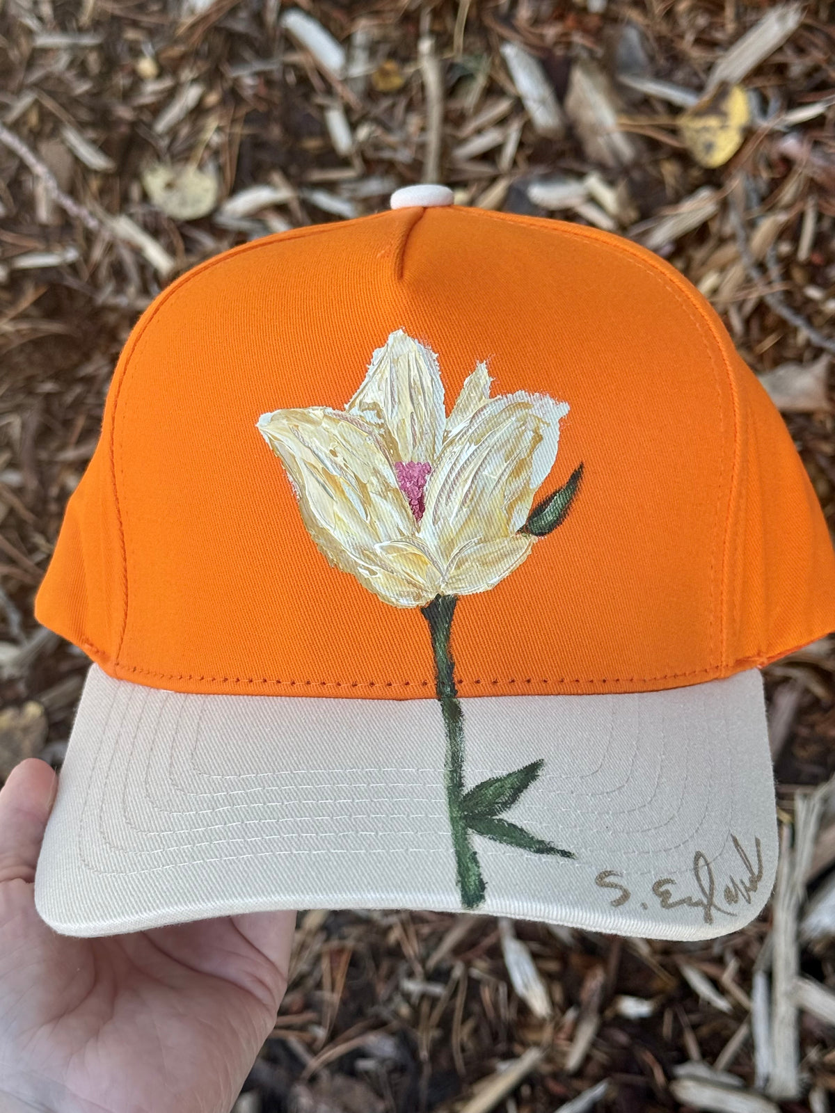 Orange canvas hand painted hat - lily flower