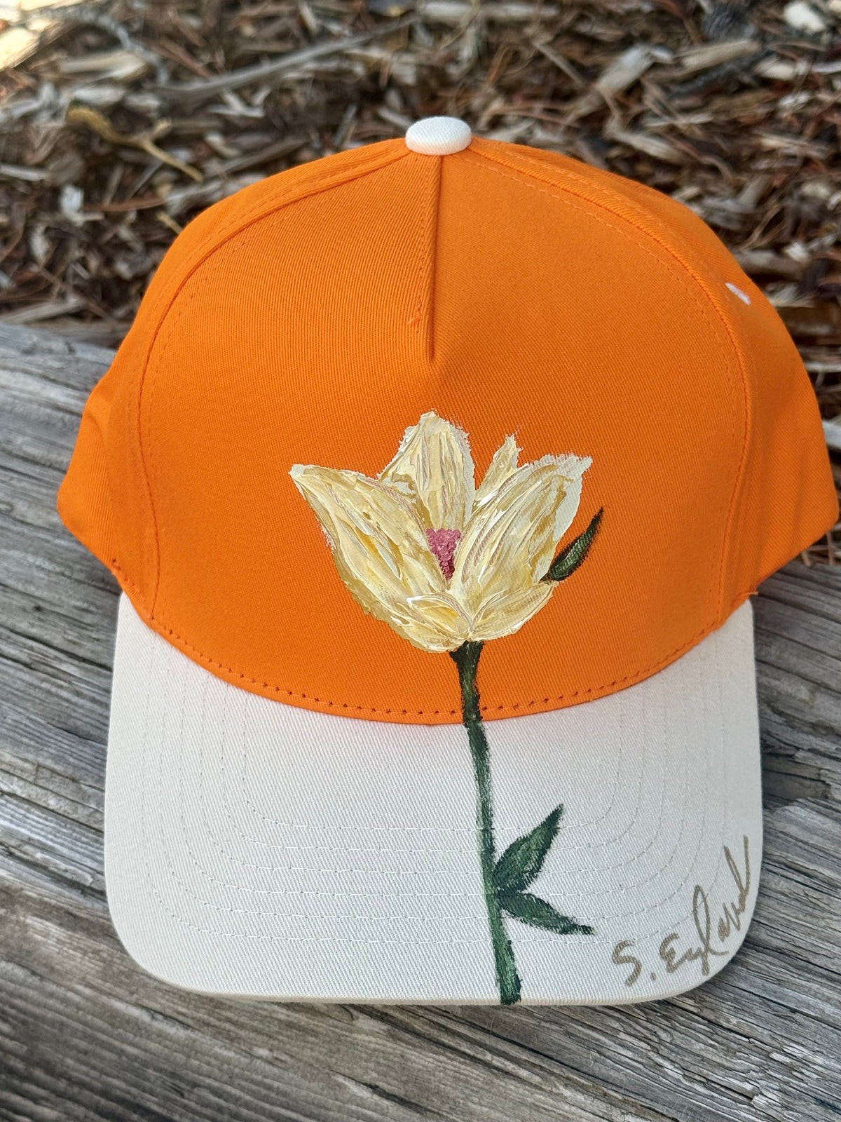 Orange canvas hand painted hat - lily flower