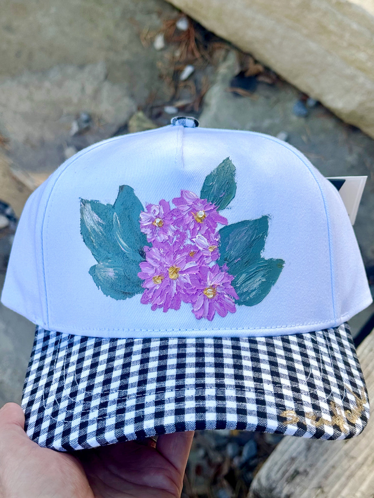 hand painted canvas black gingham hat - flowers