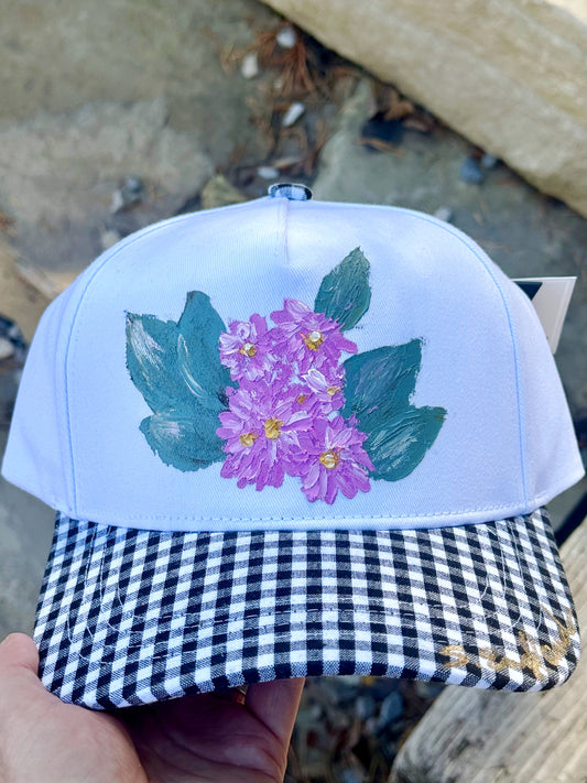 hand painted canvas black gingham hat - flowers