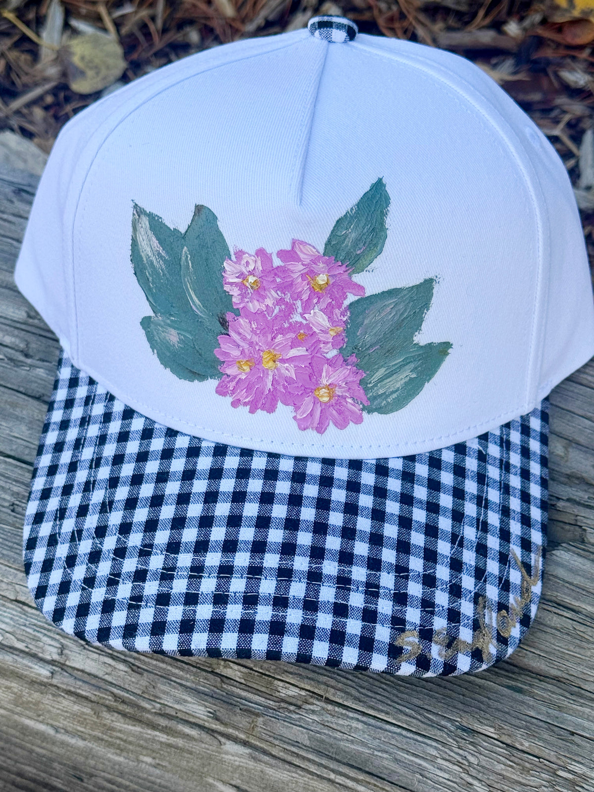 hand painted canvas black gingham hat - flowers