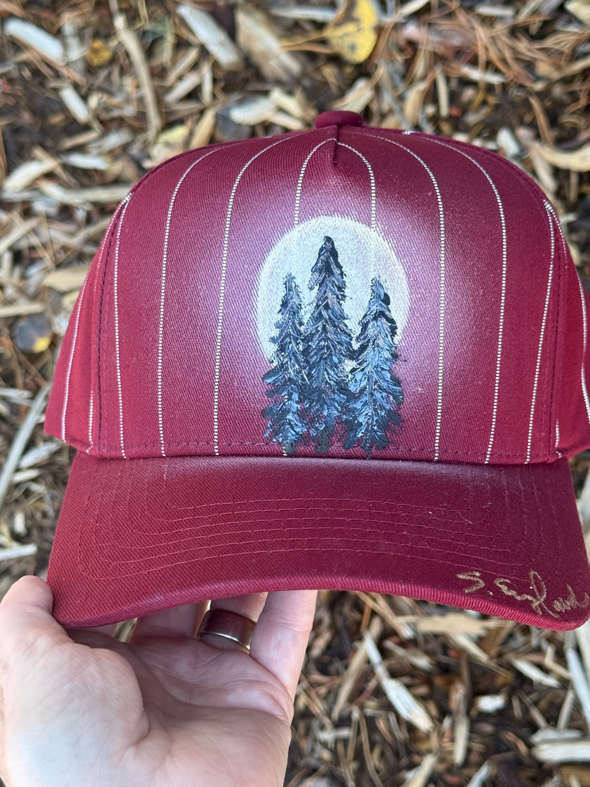 Striped hand painted canvas hat - trees