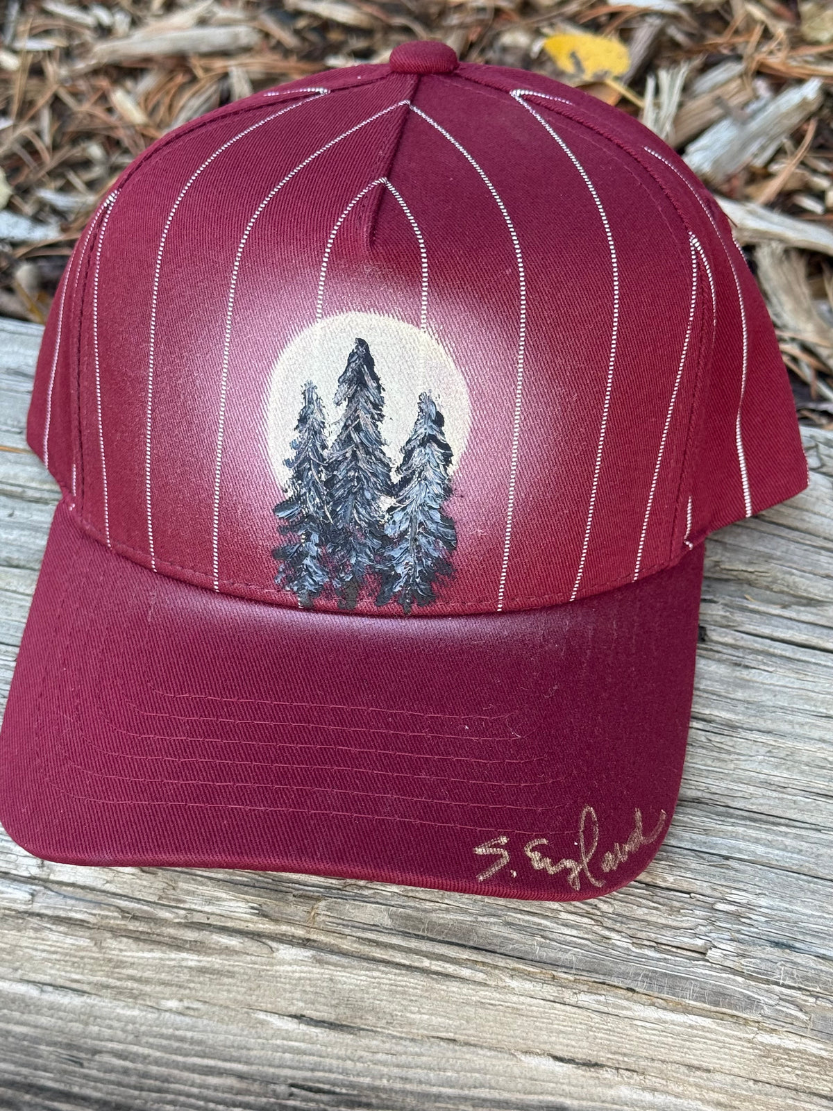 Striped hand painted canvas hat - trees