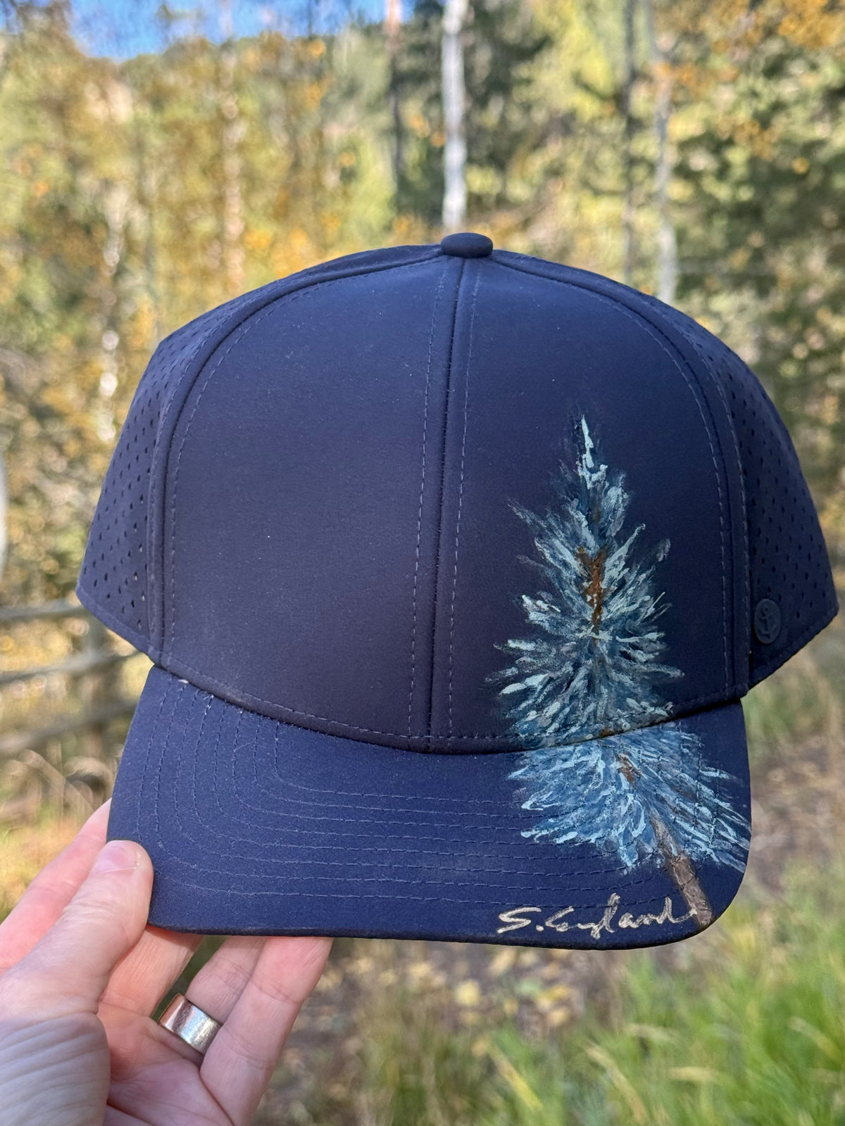 Hand painted tree art painted on navy blue waterproof/sweatproof baseball hat