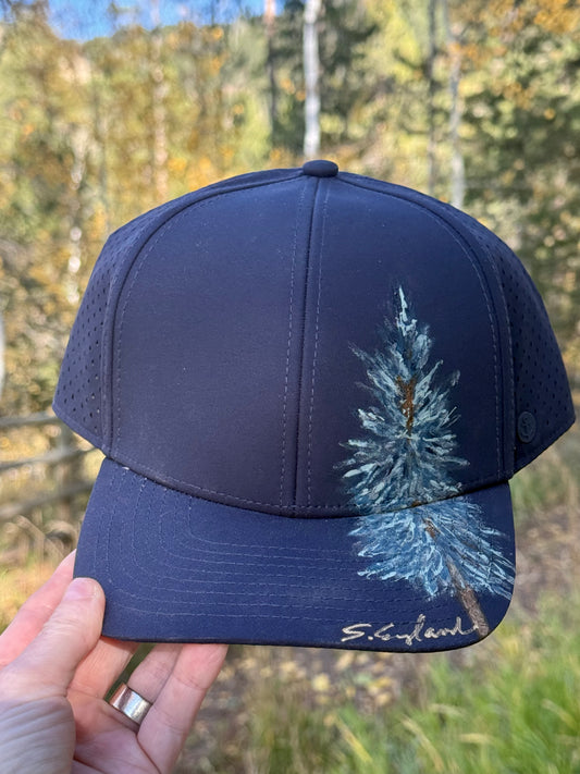 Hand painted tree art painted on navy blue waterproof/sweatproof baseball hat