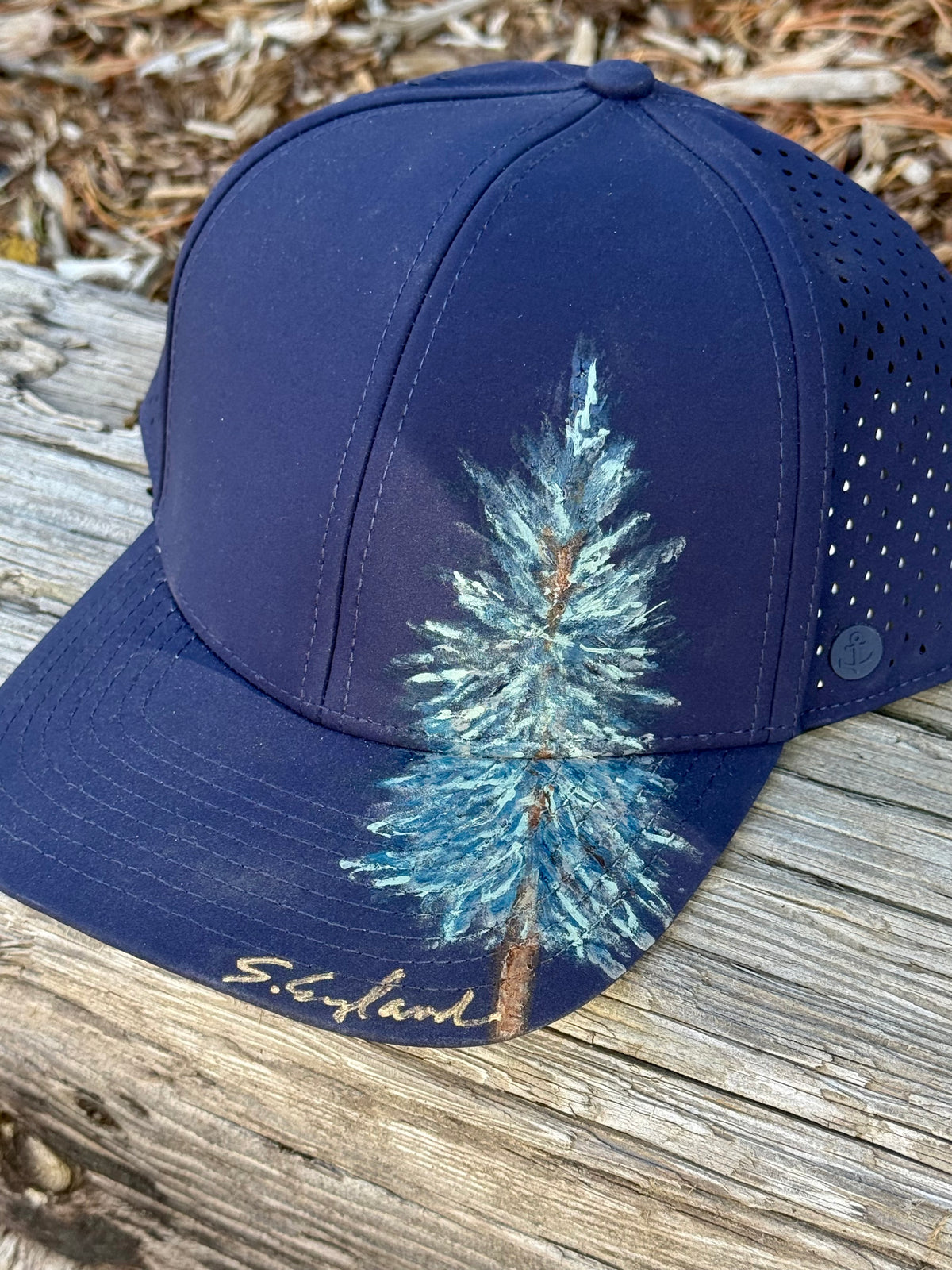 Hand painted tree art painted on navy blue waterproof/sweatproof baseball hat