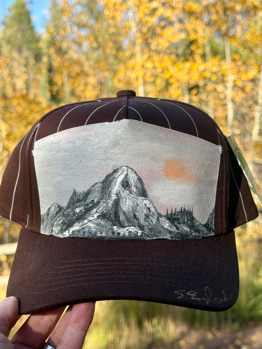 Hand painted mountain scape on brown/white striped baseball cap