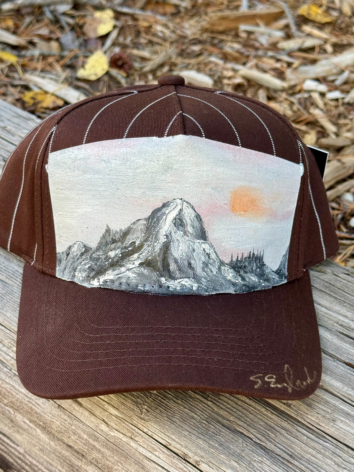 Hand painted mountain scape on brown/white striped baseball cap