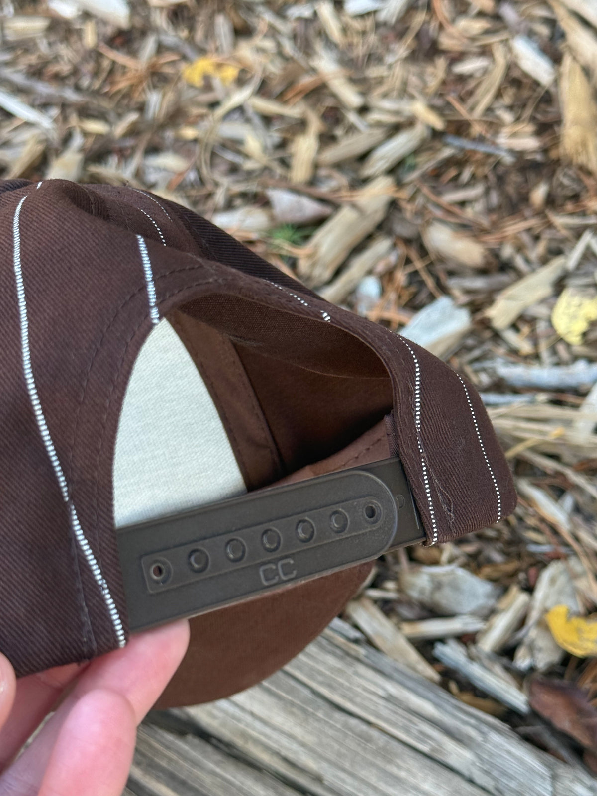 Hand painted mountain scape on brown/white striped baseball cap