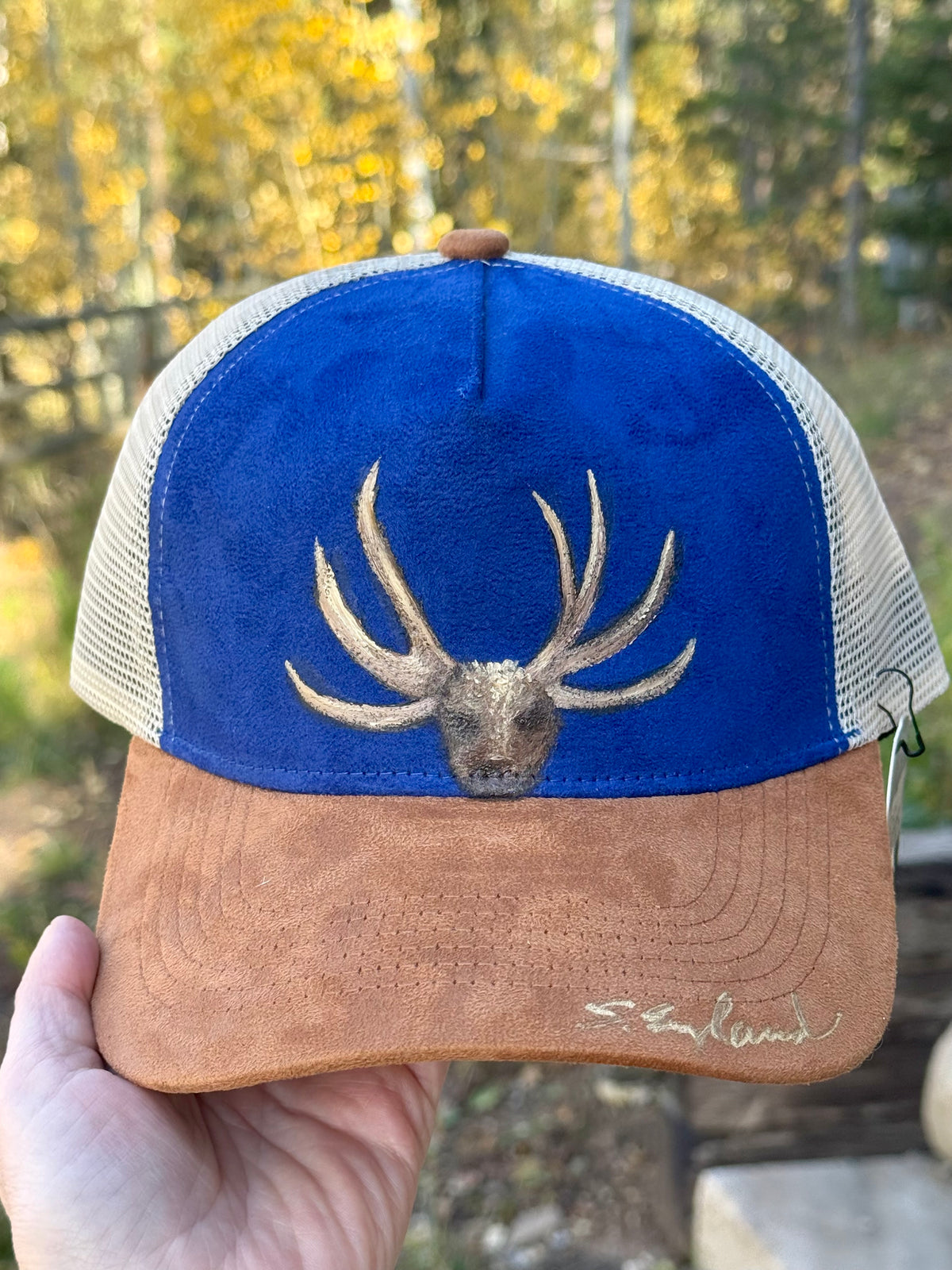 Hand painted bright blue/brown suede baseball cap - deer