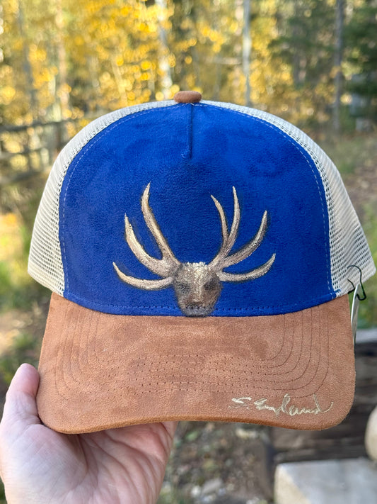 Hand painted bright blue/brown suede baseball cap - deer