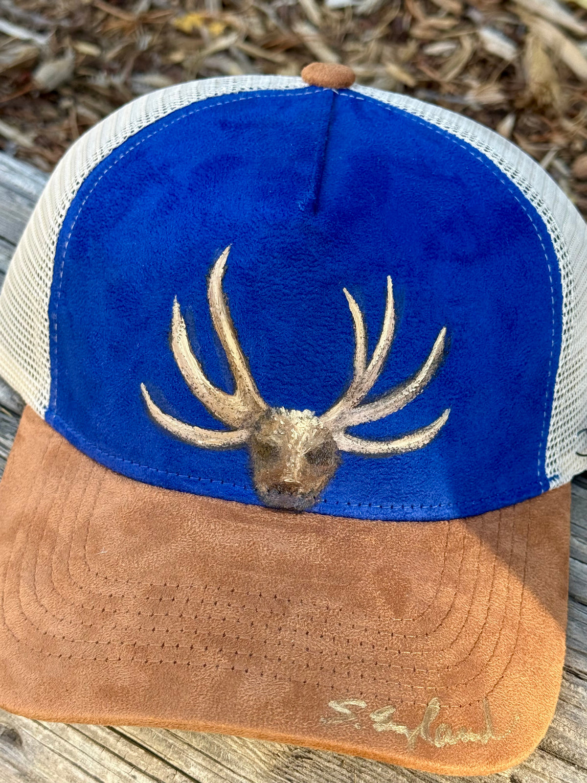 Hand painted bright blue/brown suede baseball cap - deer