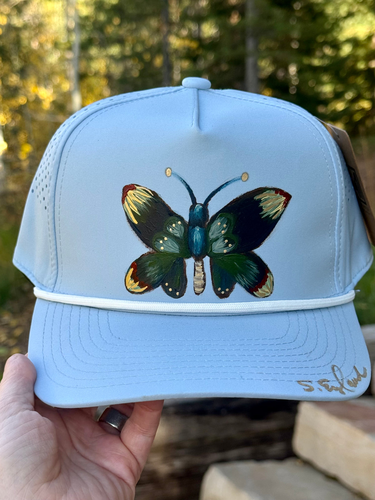 Hand painted butterfly on baby blue sweat proof/ water proof baseball cap